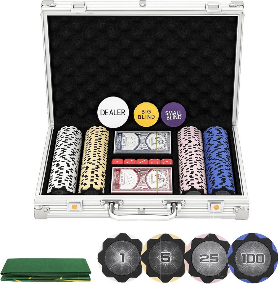 Luckice Spielesammlung 200-teiliges Pokerset mit abschließbarem Aluminiumkoffer, Poker, Texas Hold'em, Blackjack, Omaha Poker, Seven-Card Stud, Five-Card Stud, Komplettset mit 200 Clay-Chips, Für 2–6 Spieler geeignet