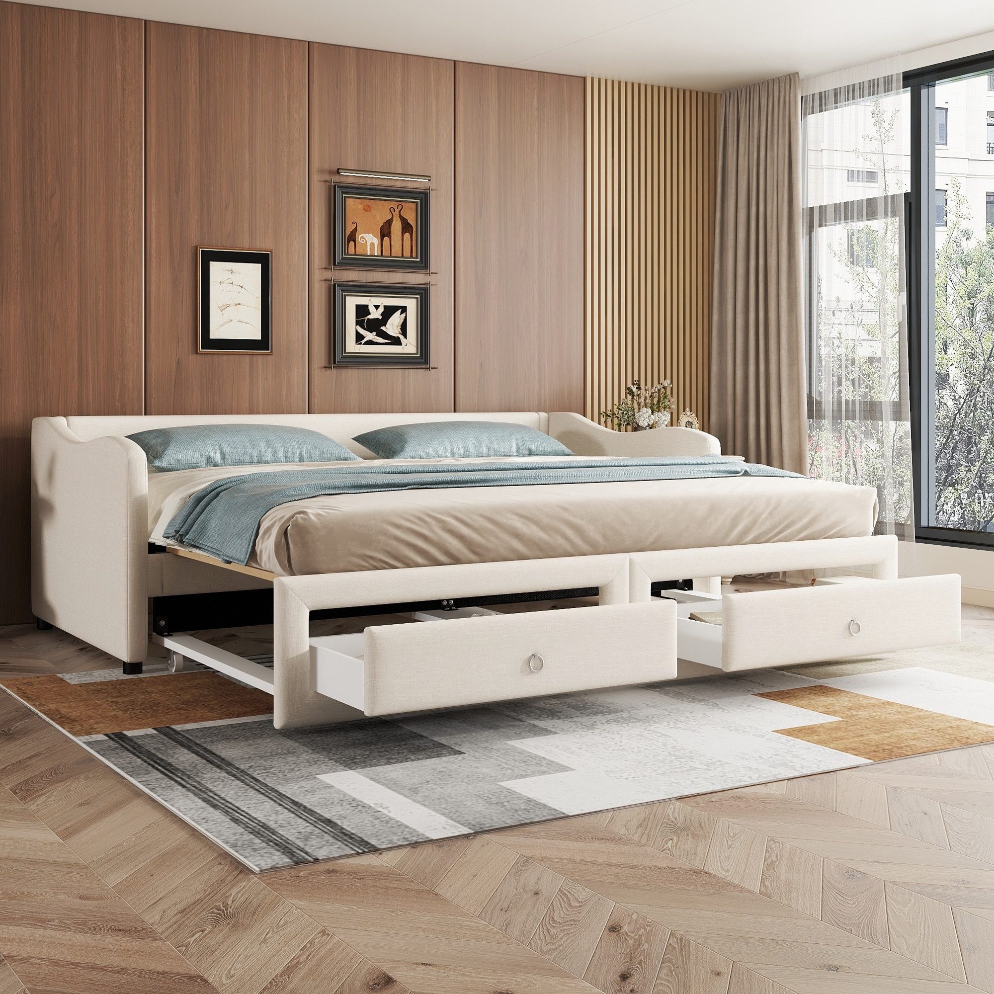 SOFTWEARY Schlafsofa mit Bettfunktion, 90x200 cm/180x200 cm, Einzelbett/Doppelbett, Leinen