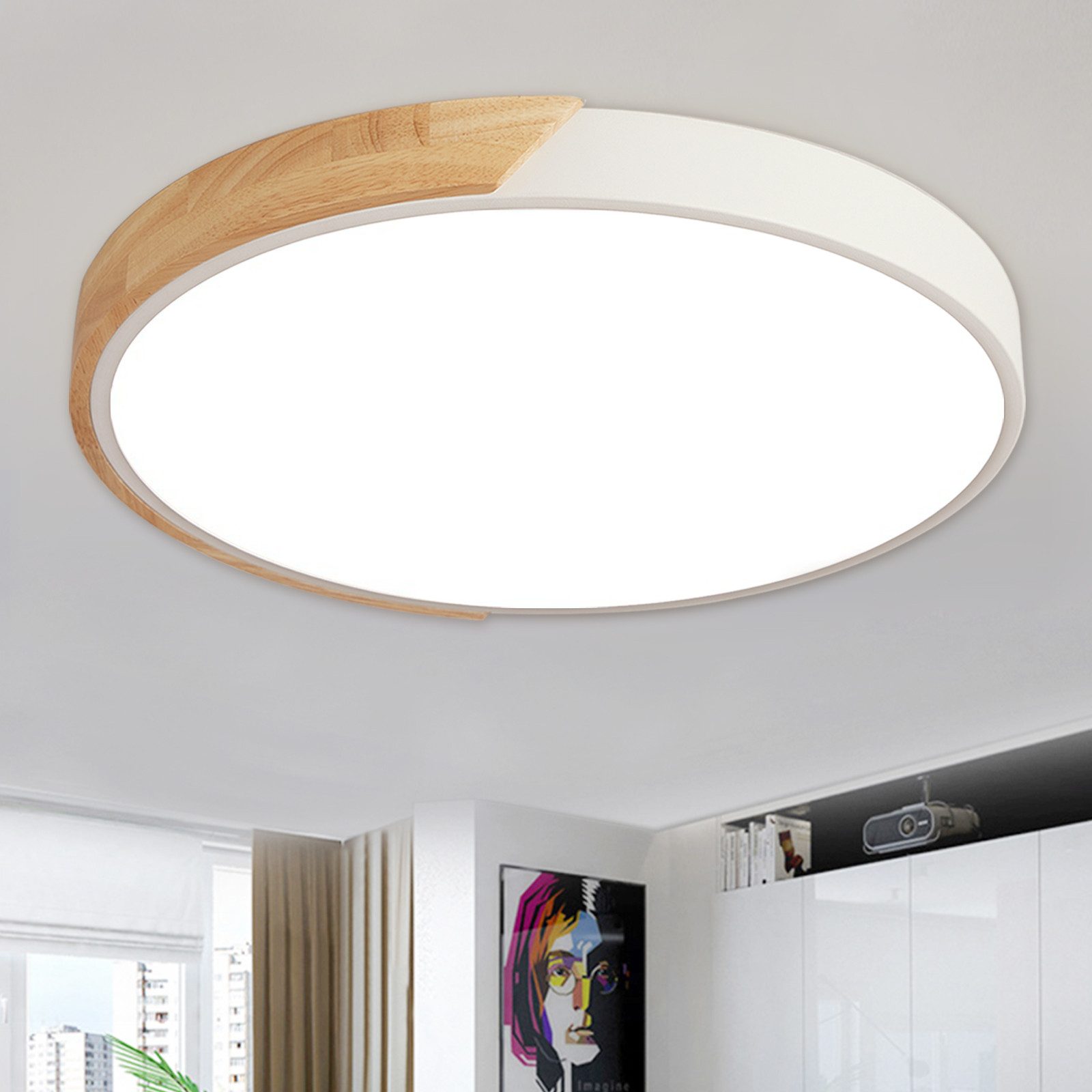 style home Deckenleuchte LED Deckenlampe dimmbar mit Fernbedienung, 48W-Ø50cm, LED fest integriert, Warmweiß bis Kaltweiß 3000K-6000K, Ø50x4cm, Runde Leuchte für Wohnzimmer Schlafzimmer Küche Büro, Holz