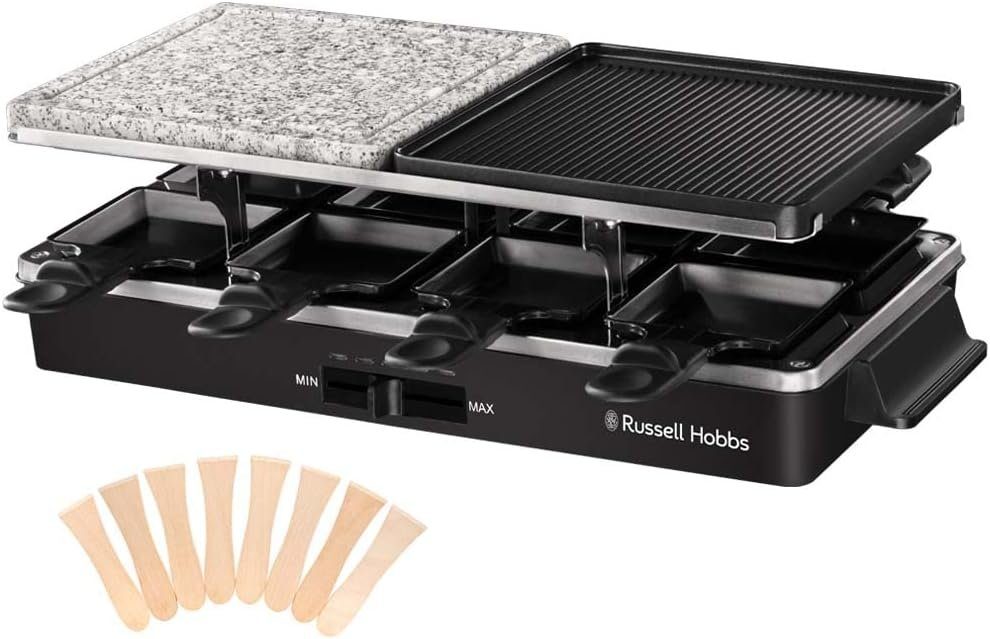 RUSSELL HOBBS Raclette für 8 Personen 8 Pfannen & 2 Tischgrill-Platten, 8 Raclettepfännchen, 1400,00 W, Stufenlose emperaturkontrolle, sichere Pfännchen Antihaftbeschichtung