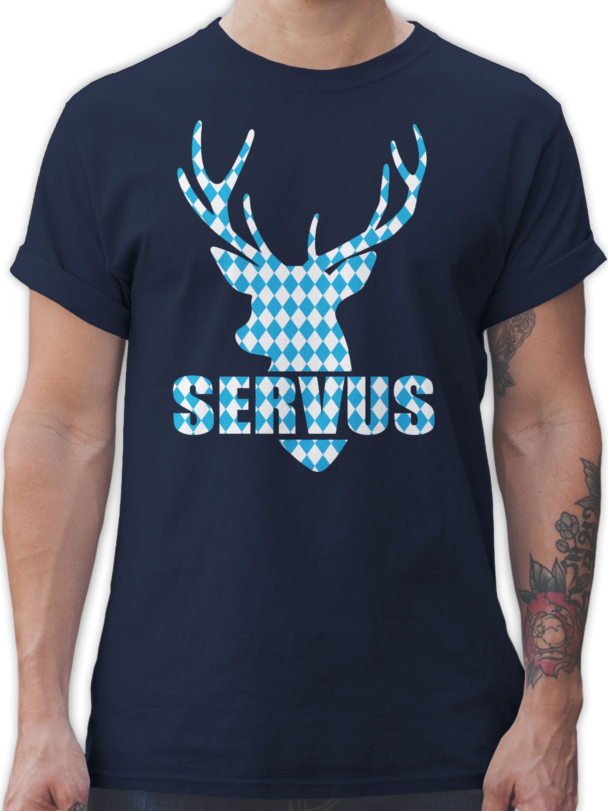 Shirtracer T-Shirt Servus - Hirsch mit bayrischem Muster Mode für Oktoberfest Herren 02 Navy Blau