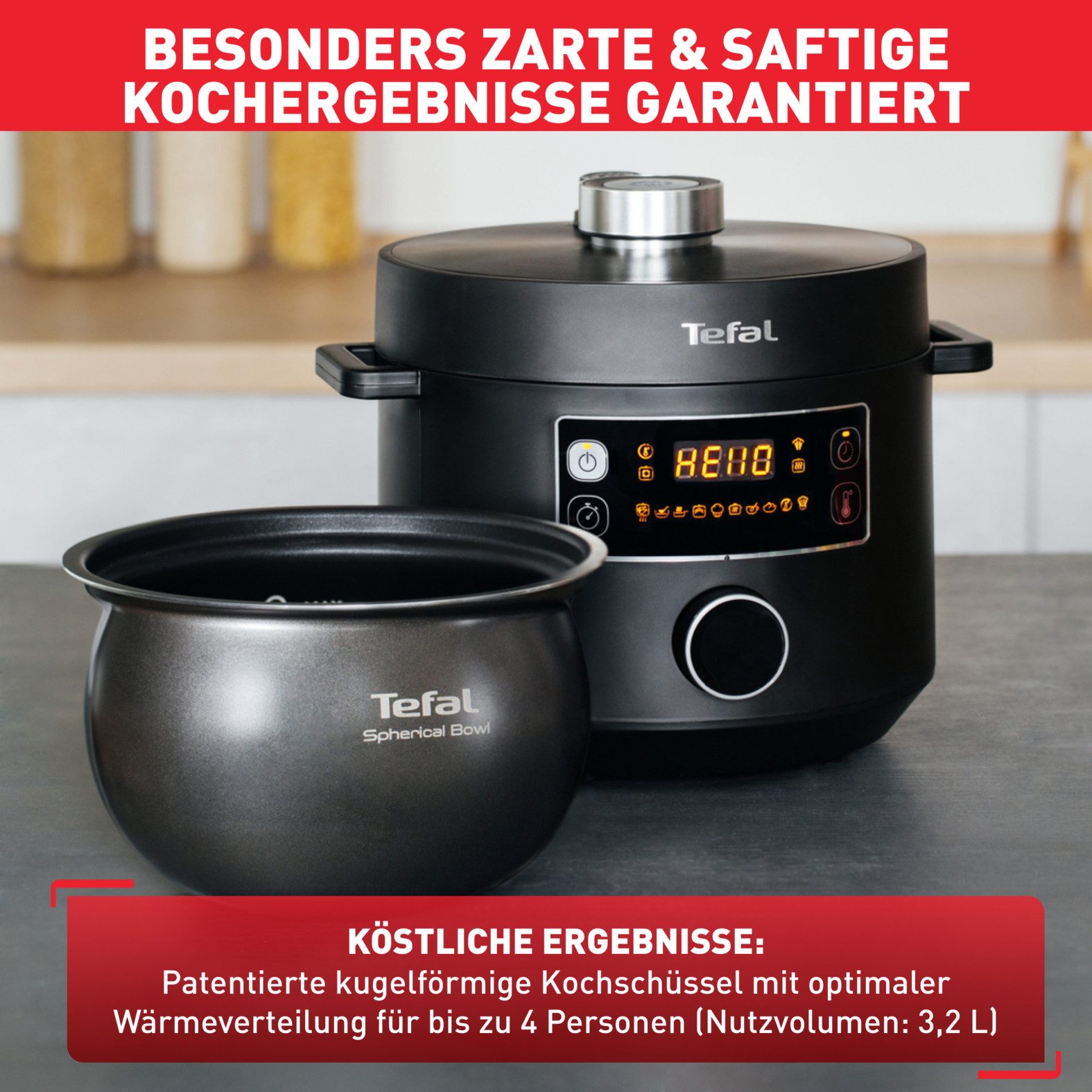 Tefal Multikocher Turbo Cuisine inkl. Dampfgareinsatz, Messbecher, Reislöffel und Kelle, 1000 W, 5 l Schüssel, elektr. Schnellkochtopf, 10 aut. Programme, 1-Knopf-Bedienung, CY7548