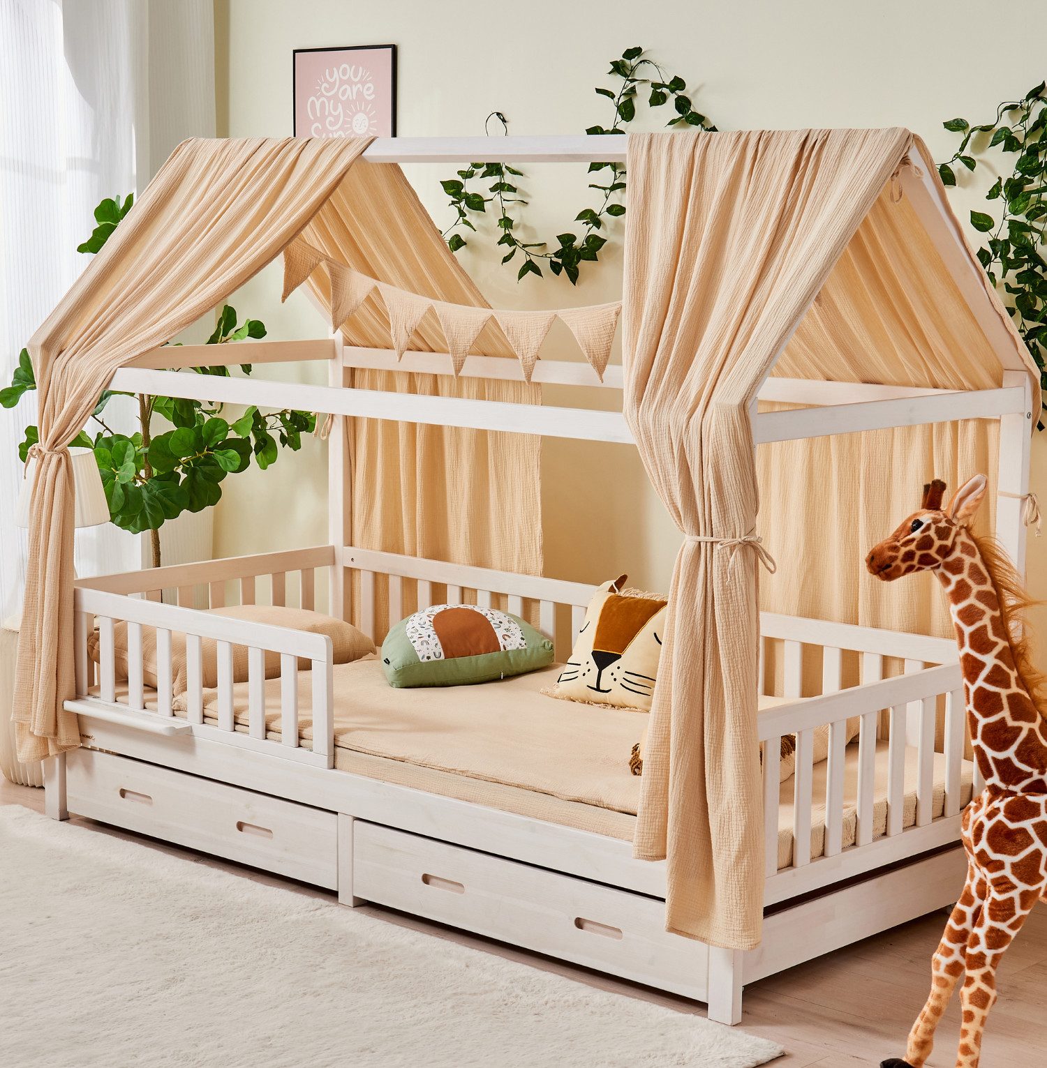 Alavya Home® Betthimmel Dekoset (2 Stück Betthimmel 1 Stück Wimpelkette 300cm cm lang mit 9 Stück Wimpeln, 3-tlg), Dekoset aus 100% Bio-Musselin Baumwolle 125x350 cm