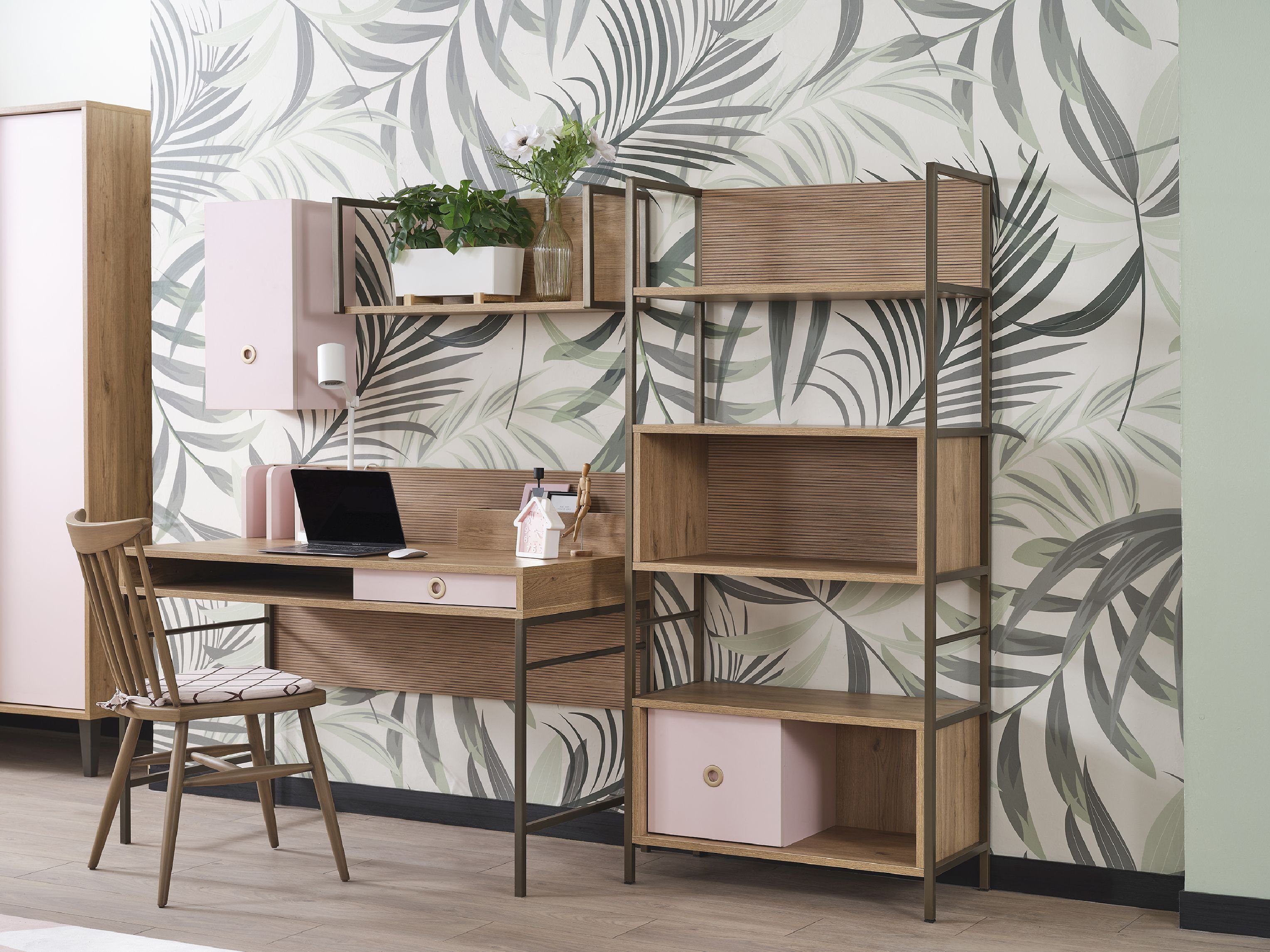 Möbel-Zeit Bücherregal ALICE – Rosa & Holzoptik – 5 offene Regalfächer & 1 Schublade