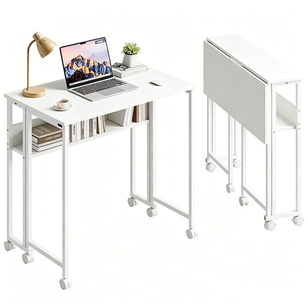 AFKSMILE Schreibtisch Schreibtisch Klappbar, Computertisch mit Rollen Regal, Beistelltisch, Platzsparender Klappschreibtisch für Homeoffice Arbeitszimmer, Weiß