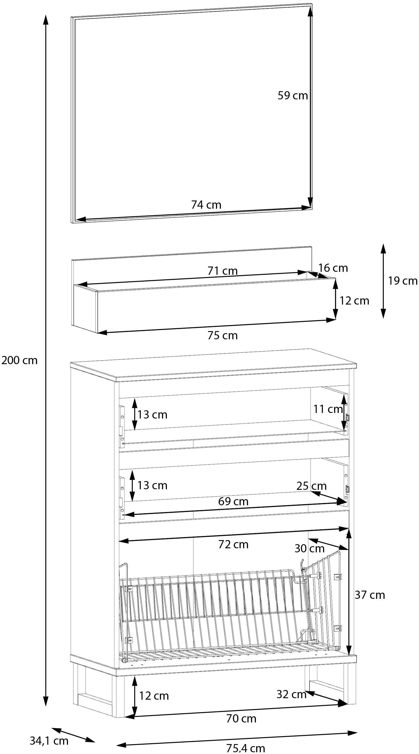 FORTE Garderoben-Set, (3-St), Kompaktgarderobe mit Spiegel, Regal und Kommode mit Schuhkorb