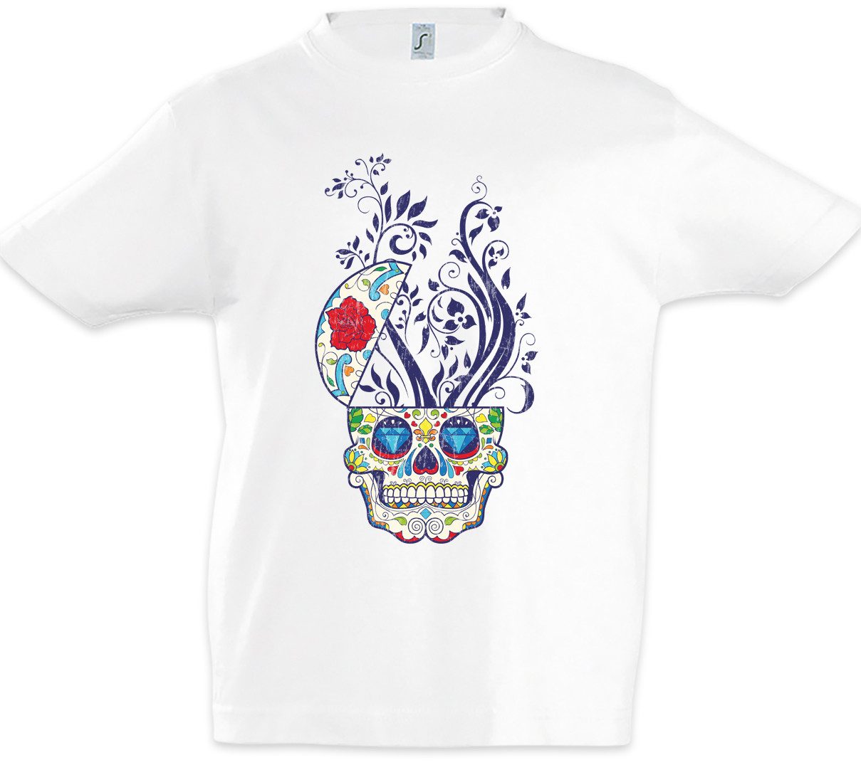 Print-Shirt Floral Sugar Skull Kinder T-Shirt Schädel Mexiko Gang Latino Mexico