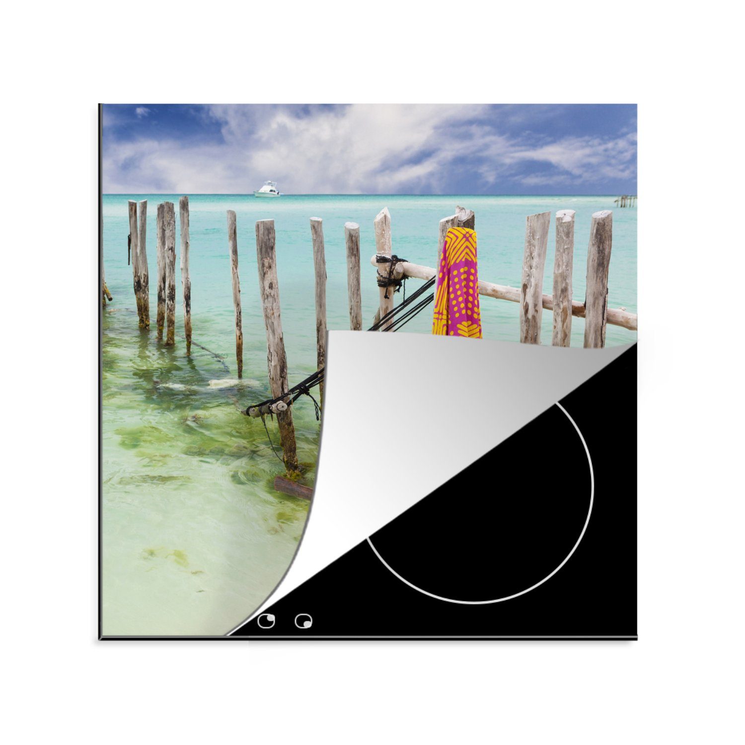 MuchoWow Herdblende-/Abdeckplatte 78x78 Karibischen tlg), Arbeitsplatte Ceranfeldabdeckung, Holzpfähle Isla der Insel küche für im Meer (1 Mujeres, cm, Vinyl, auf