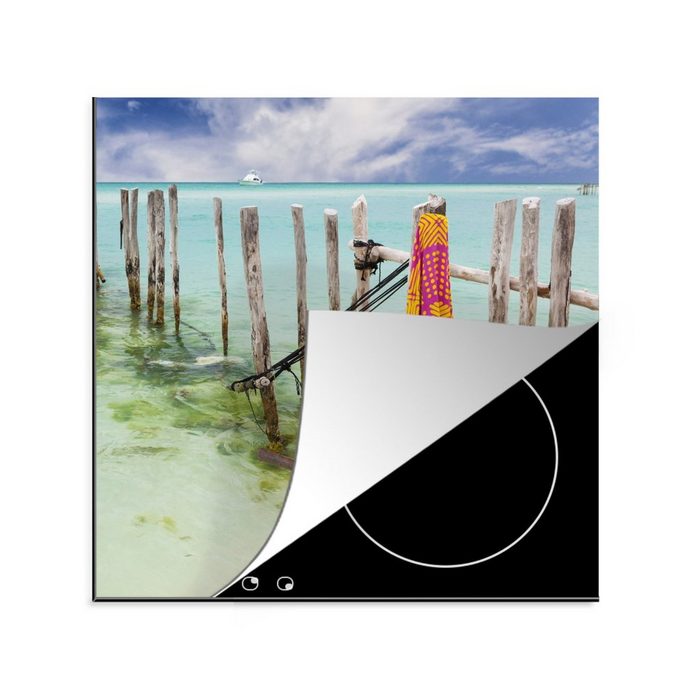 MuchoWow Herdblende-/Abdeckplatte Holzpfähle im Karibischen Meer auf der Insel Isla Mujeres Vinyl (1 tlg) Ceranfeldabdeckung Arbeitsplatte für küche