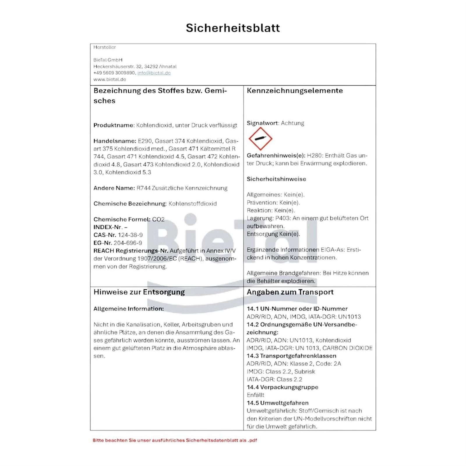 BieTal Gaskartusche CO2 Kohlensäureflasche Flasche Stahl BieTal® Getränke gefüllt 2kg E290, Zubehör für Zapfanlagen, 2 KG Kohlensäure für Lebensmittel nach E290 – Bild 3 von 3