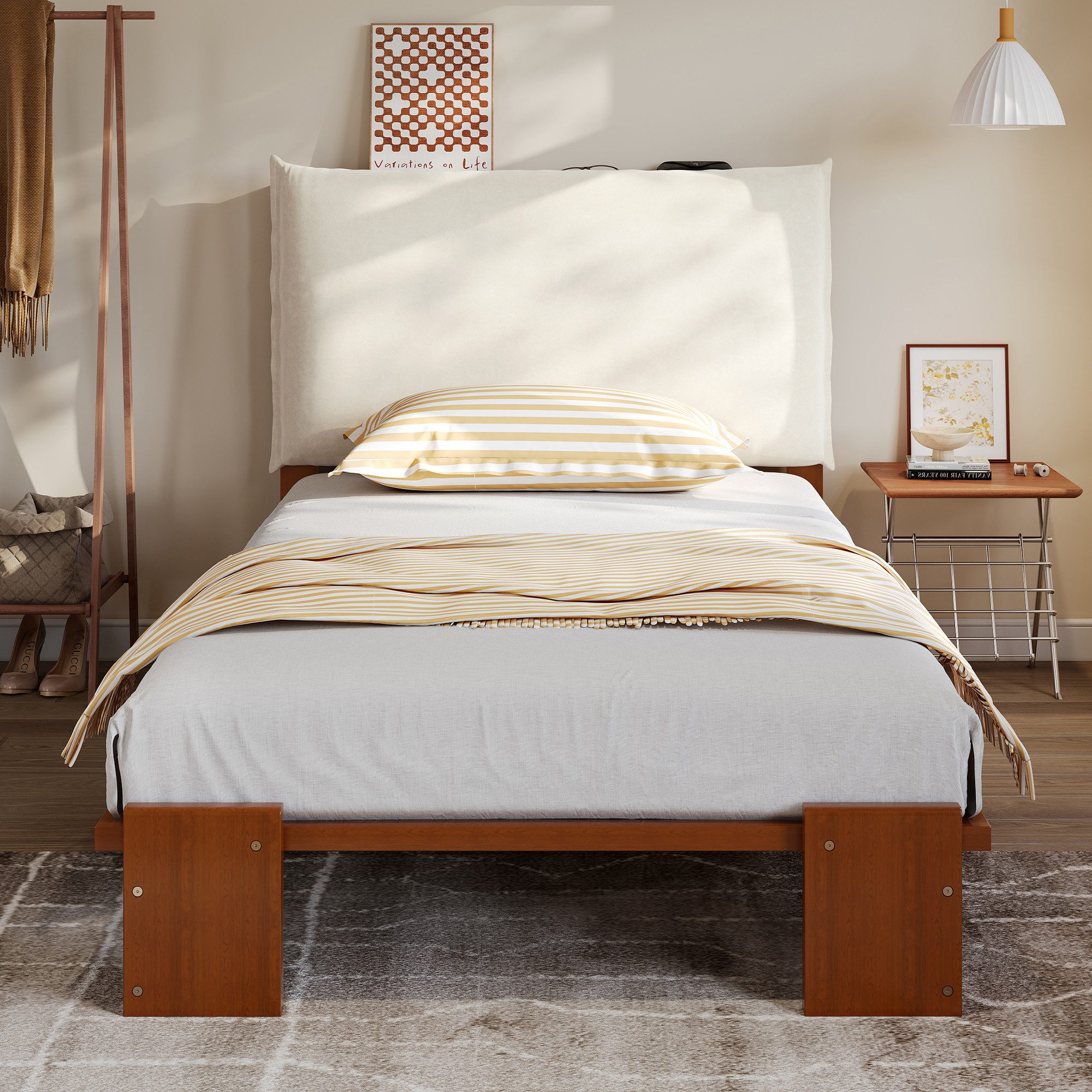 BlingBin Holzbett Polsterbett Jugendbett (Bett, 1-tlg., 90x200cm, Einzelbett, Gepolsterte Ruckenlehne mit Klettverschluss), Stabile Lattenroste, Breitere Bettbeine, Kiefer+Schwamm+Sperrholz