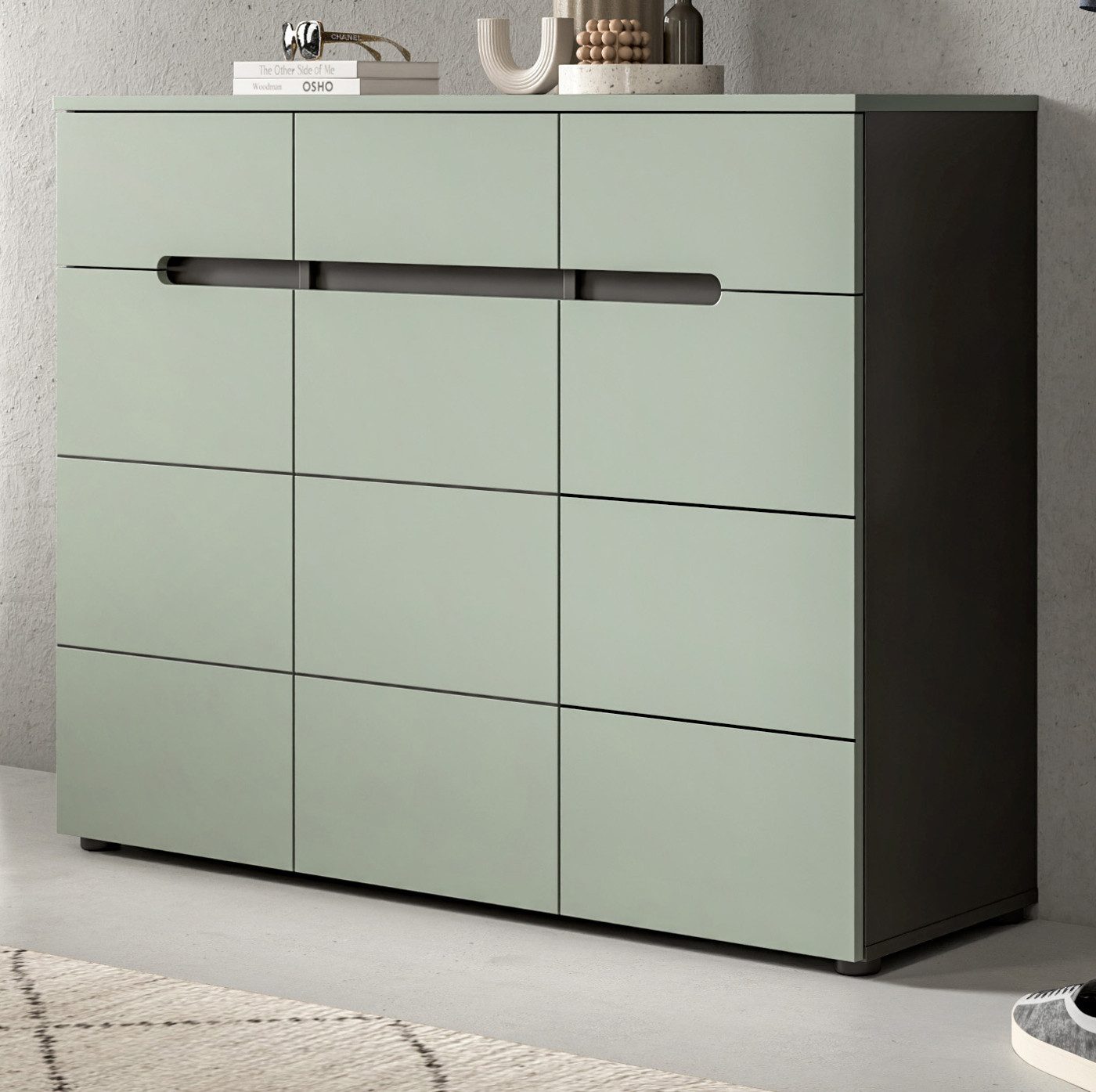 Inn.Furn Schuhkommode Cooper (Flur Kommode in Salbei Grün und Basalt Grau, 120 x 94 cm), 3 Schubladen, 12 Fächer, Soft-Close-Funktion