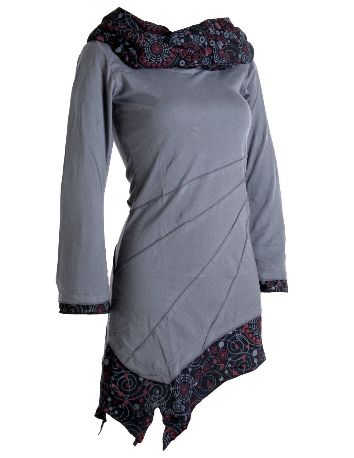 Vishes Jerseykleid aus Boho Ethno, Kleid grau Hippie, Asymmetrisches Schalkragen mit Baumwolle Style Goa
