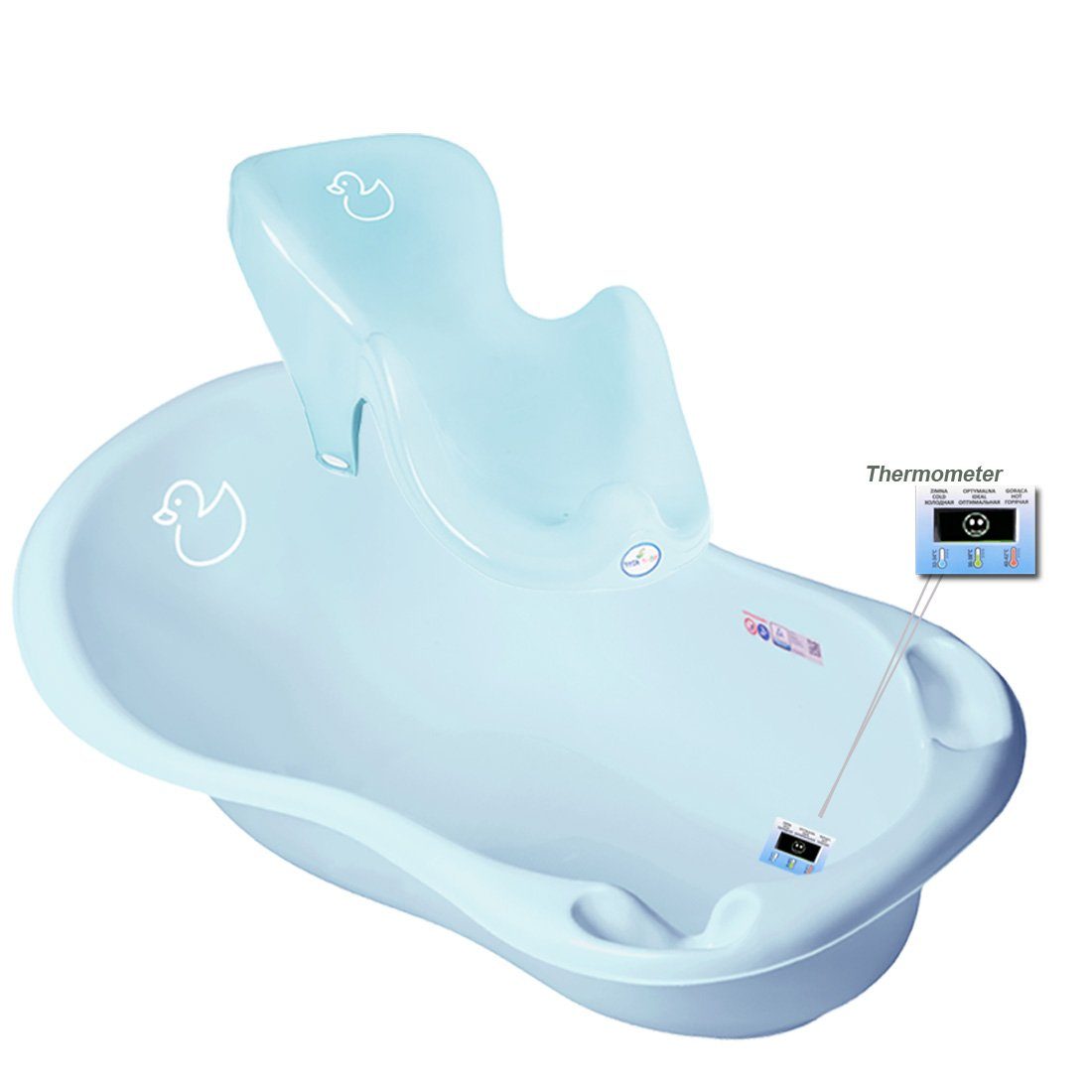 Tega-Baby Babybadewanne 2-Teile Set -DUCK Babywanne mit THERMOMETER Babybadeset Pflege, (Made in Europe Spar Set), ** Babywanne(Thermometer) + Badesitz ** Blau