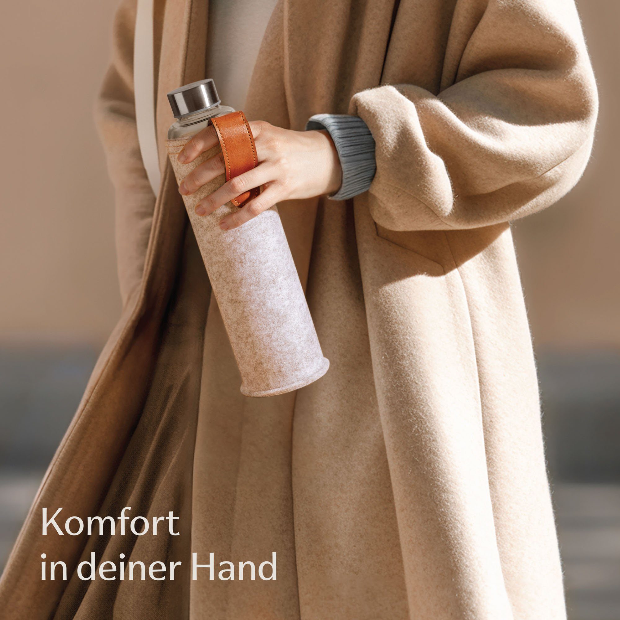 Cosumy Trinkflasche Trinkflasche aus Glas mit Filztasche 750ml - Spülmaschinenfest, Beige - BPA-freie Wasserflasche - für Kohlensäure geeignet