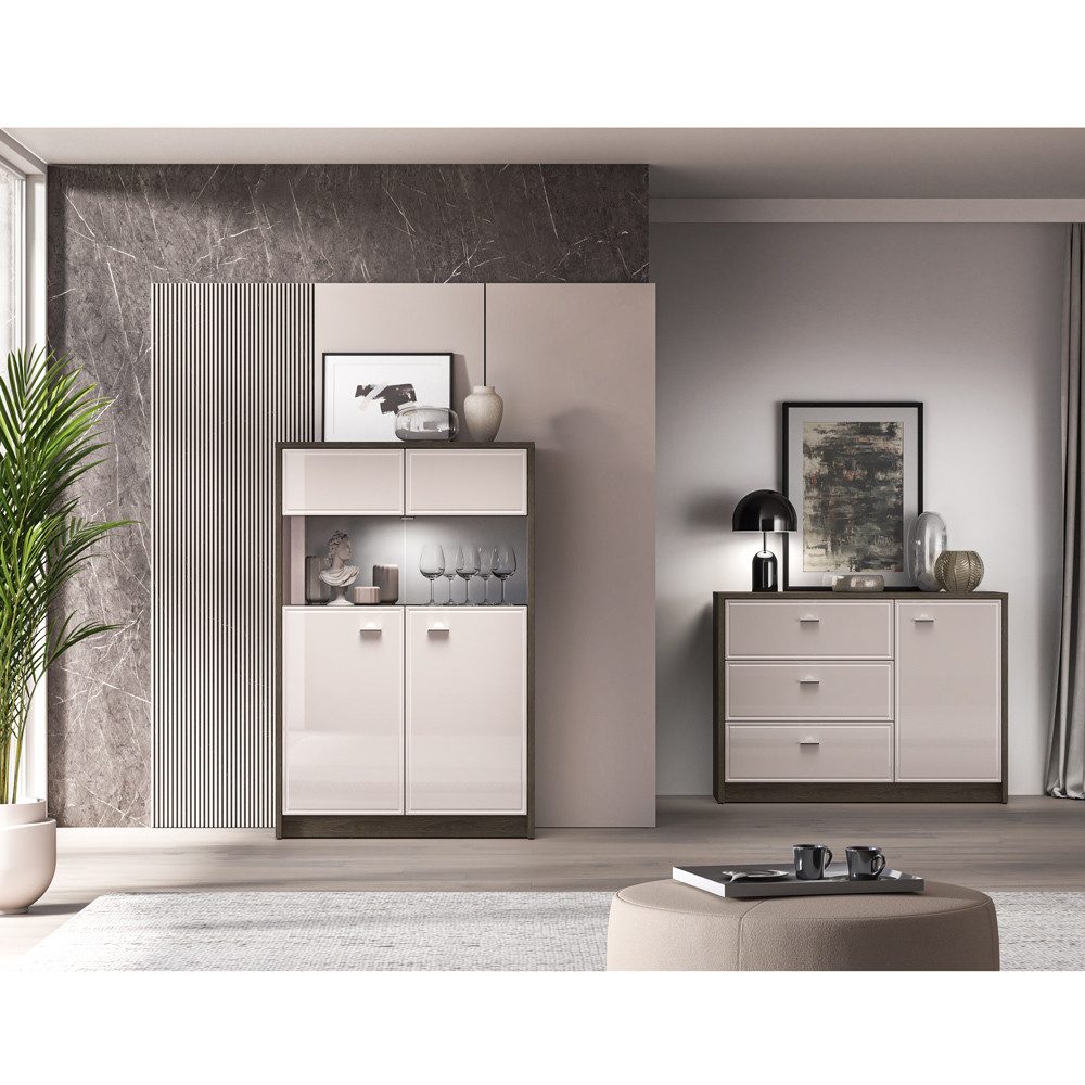 Lomadox Wohnwand ALESSANDRIA-131, (2-St., Highboard Kommode), in Beige Hochglanz mit Eiche, inkl. LED Beleuchtung