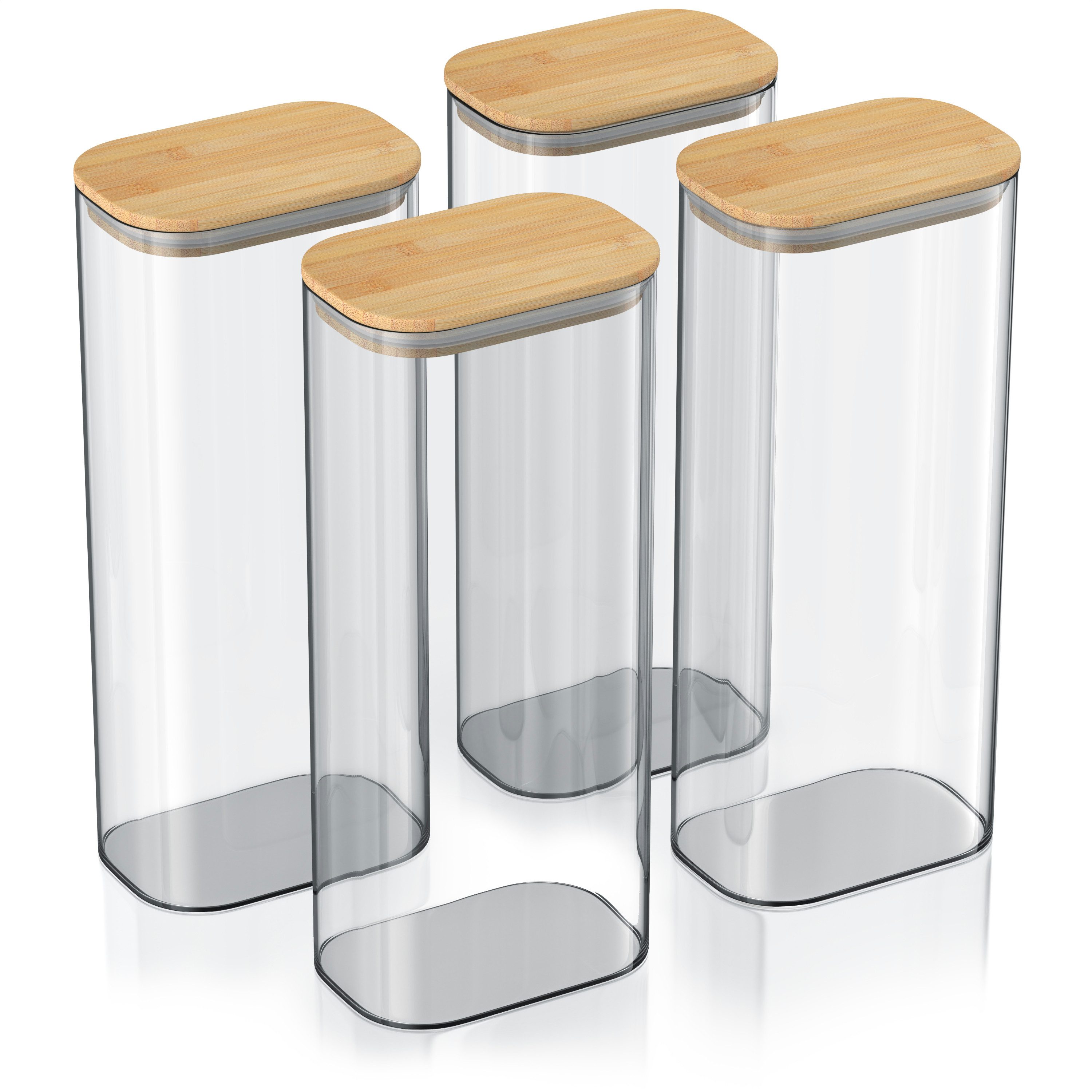 Arendo Vorratsglas eckig mit Bambusdeckel und Silikondichtung, luftdicht, Borosilikatglas, (Packung, 4-tlg., 4 x 2250 ml), Glas gefrier-, mikrowellen- & spülmaschinenfest, -40 bis +400 °C