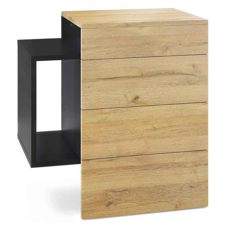 Vladon Nachttisch Queens (Nachttischschrank mit 2 Schubladen, und 1 seitlichem Fach zur Wandmontage), Schwarz matt/Eiche Natur (60 x 63 x 36 cm)