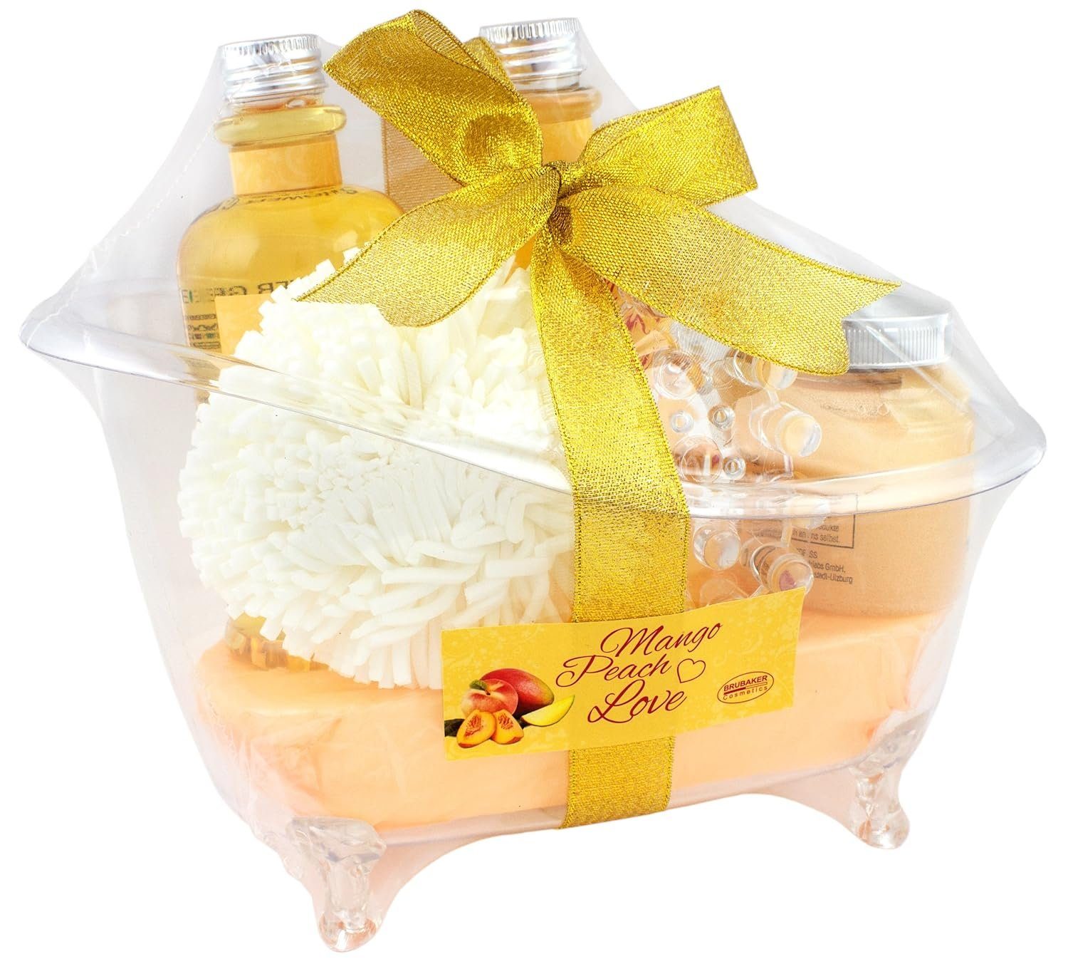 Wanne aus Mango mit Love Peach Badeset Mango-Pfirsich Duft, Pflegeset 6-tlg., 6-teilig Acryl - BRUBAKER Pflege-Geschenkset