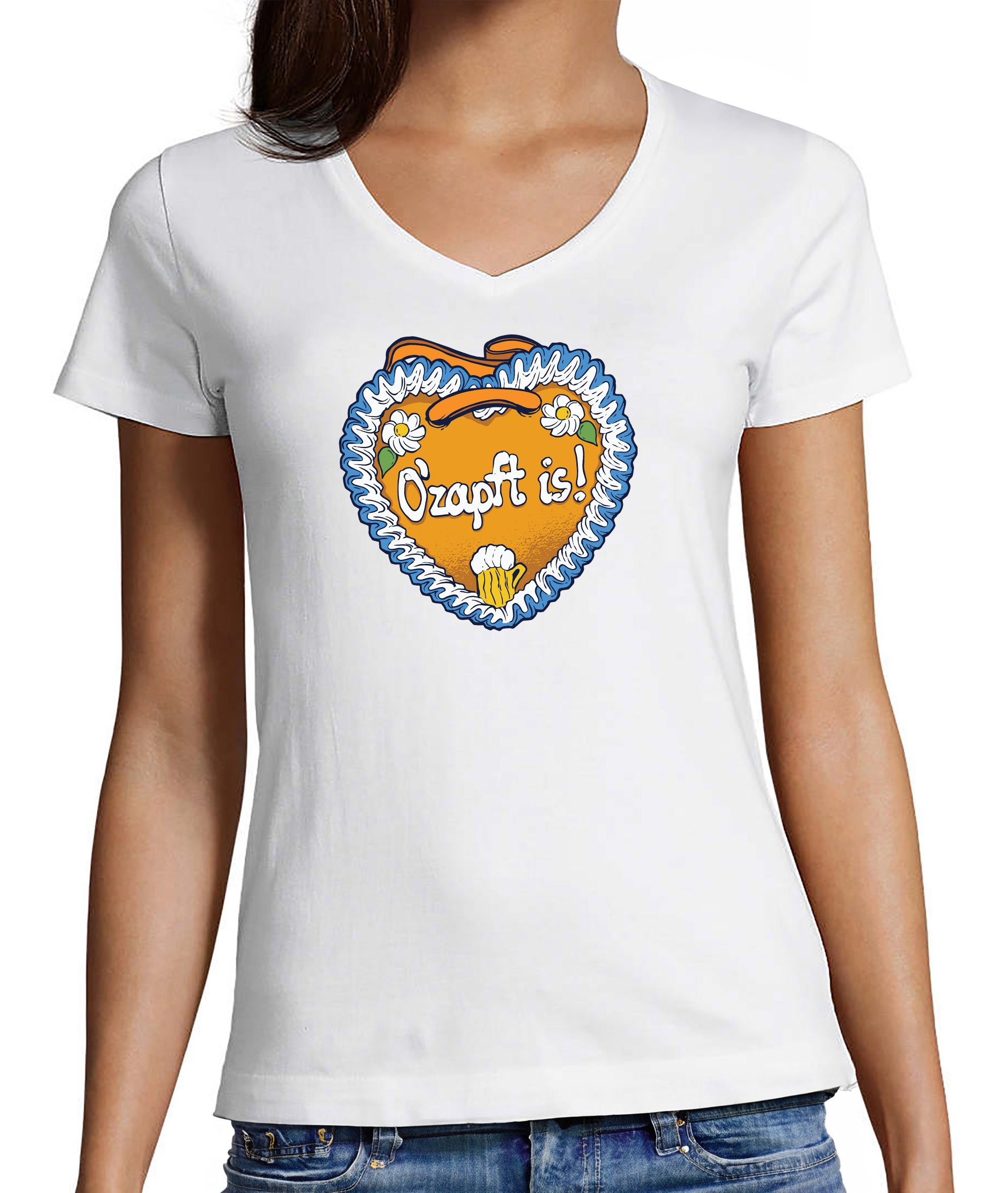 MyDesign24 T-Shirt Damen Oktoberfest T-Shirt - Lebkuchen Herz mit O´Zapft is V-Ausschnitt Print Shirt Slim Fit, i313 weiss