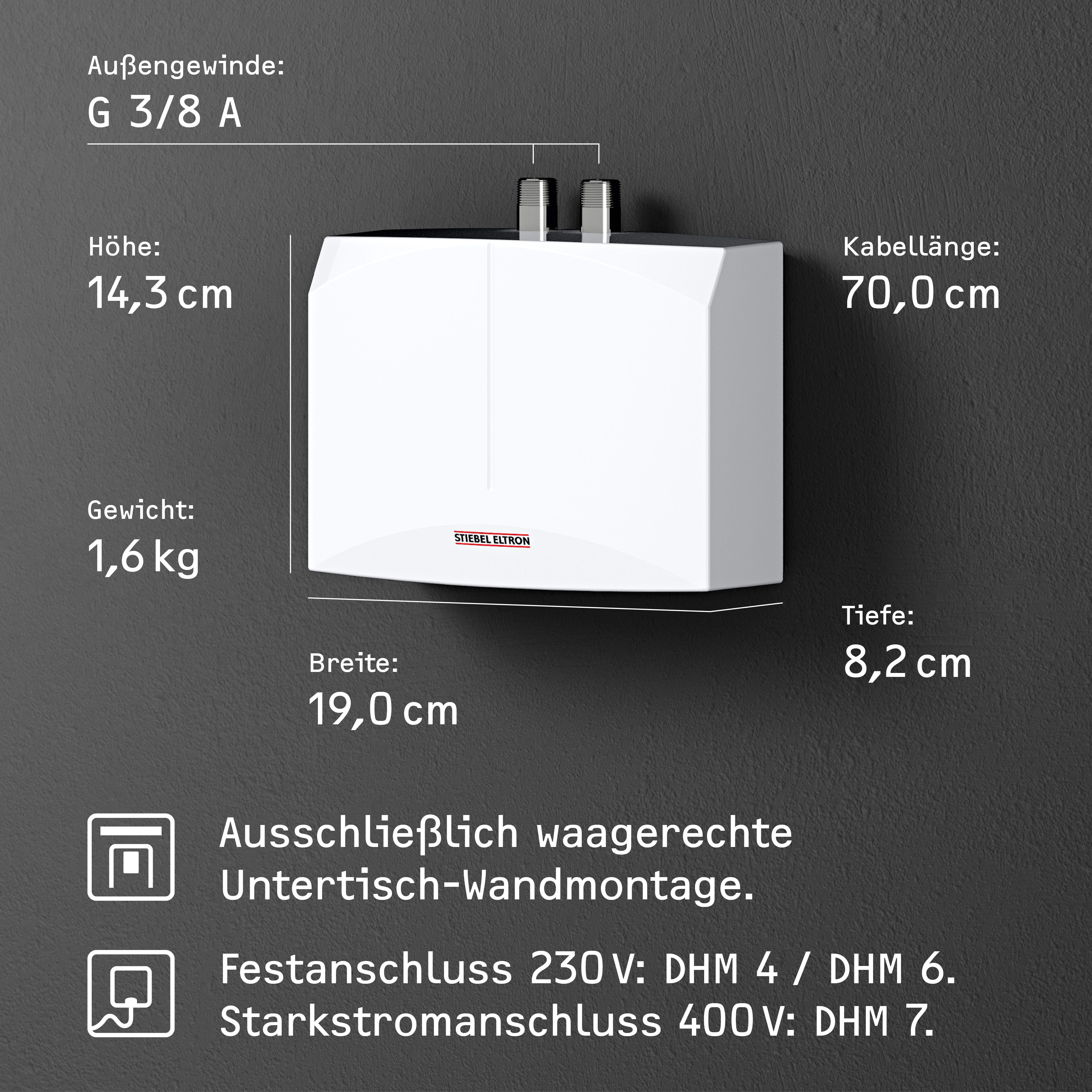 STIEBEL ELTRON Klein-Durchlauferhitzer DHM 4 für Handwaschbecken, 4,4 kW, ohne Stecker, Festanschluss 230V, hydraulisch, max. 38 °C, hydraulisch, sofort handwarmes Wasser (ca. 35°C)