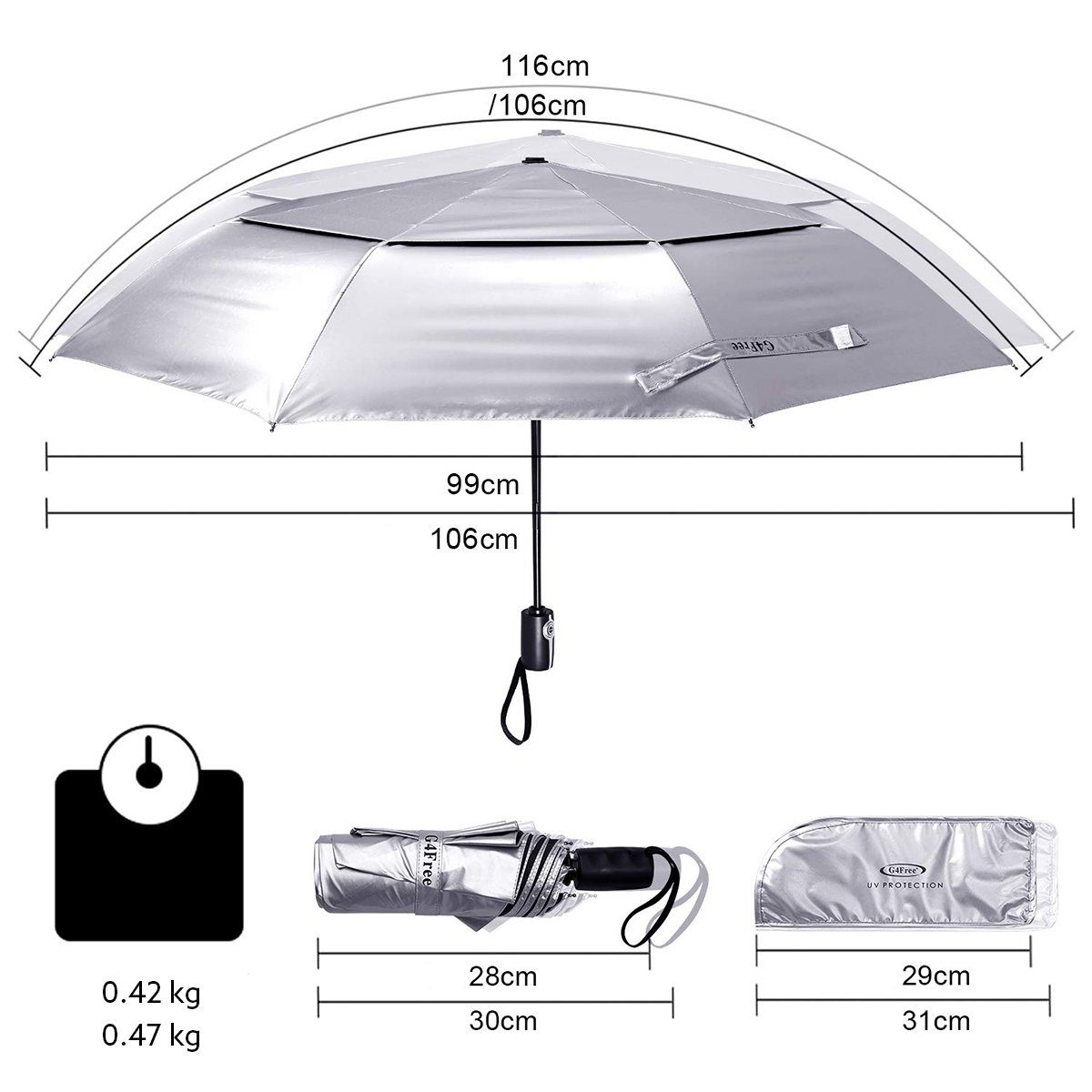 G4Free Auf-Zu-Automatik Silber-Schwarz Regenschirm mit 50+ Taschenregenschirm, UPF