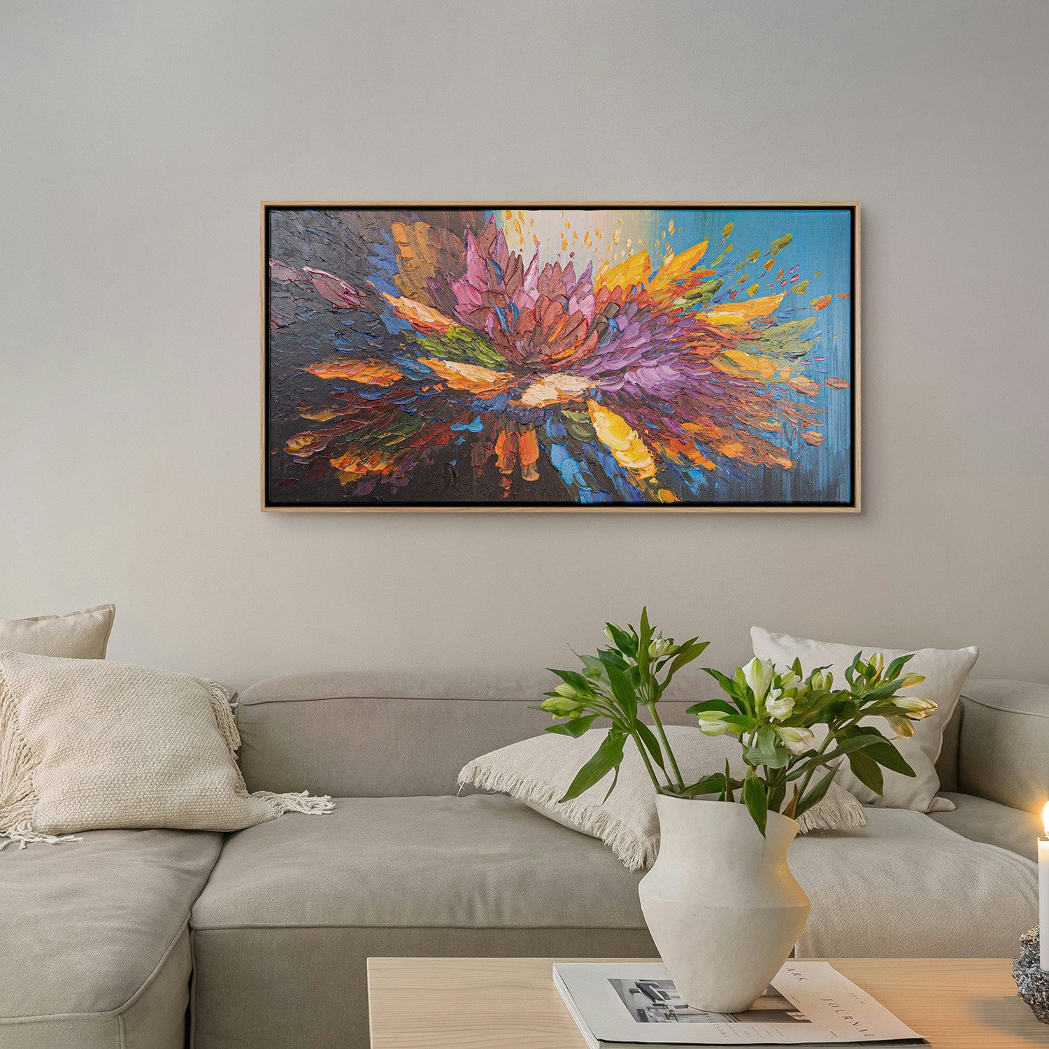AUREDAS Gemälde "Tanz der Farben", 100x50cm Rahmen hell, Abstrakt, Blüte, Gemälde, Gemälde mit Strukturpaste und Acrylfarbe, Panorama Format