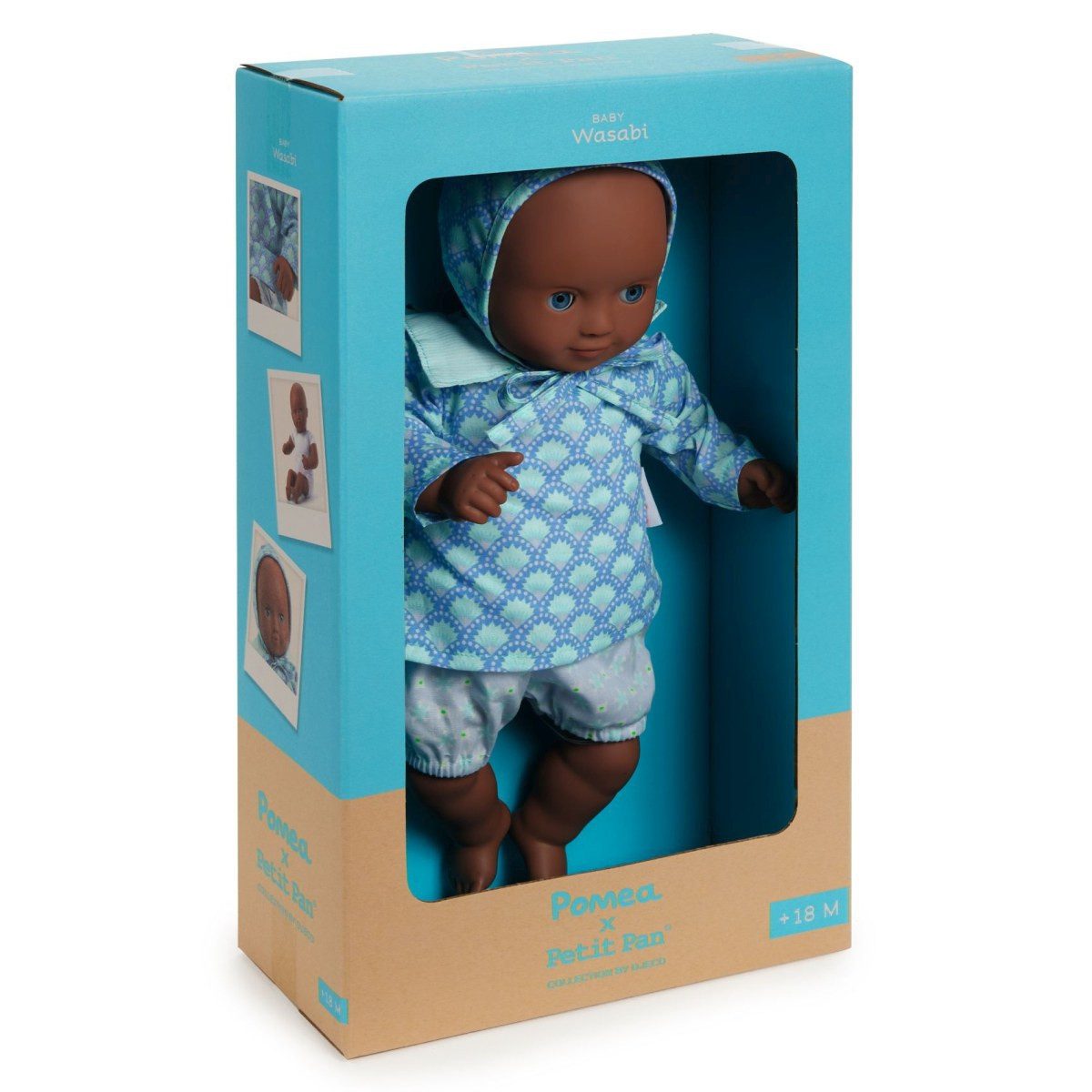DJECO Babypuppe POMEA Puppe Wasabi 32cm weicher Körper Schlafaugen Kleidung Petit Pan
