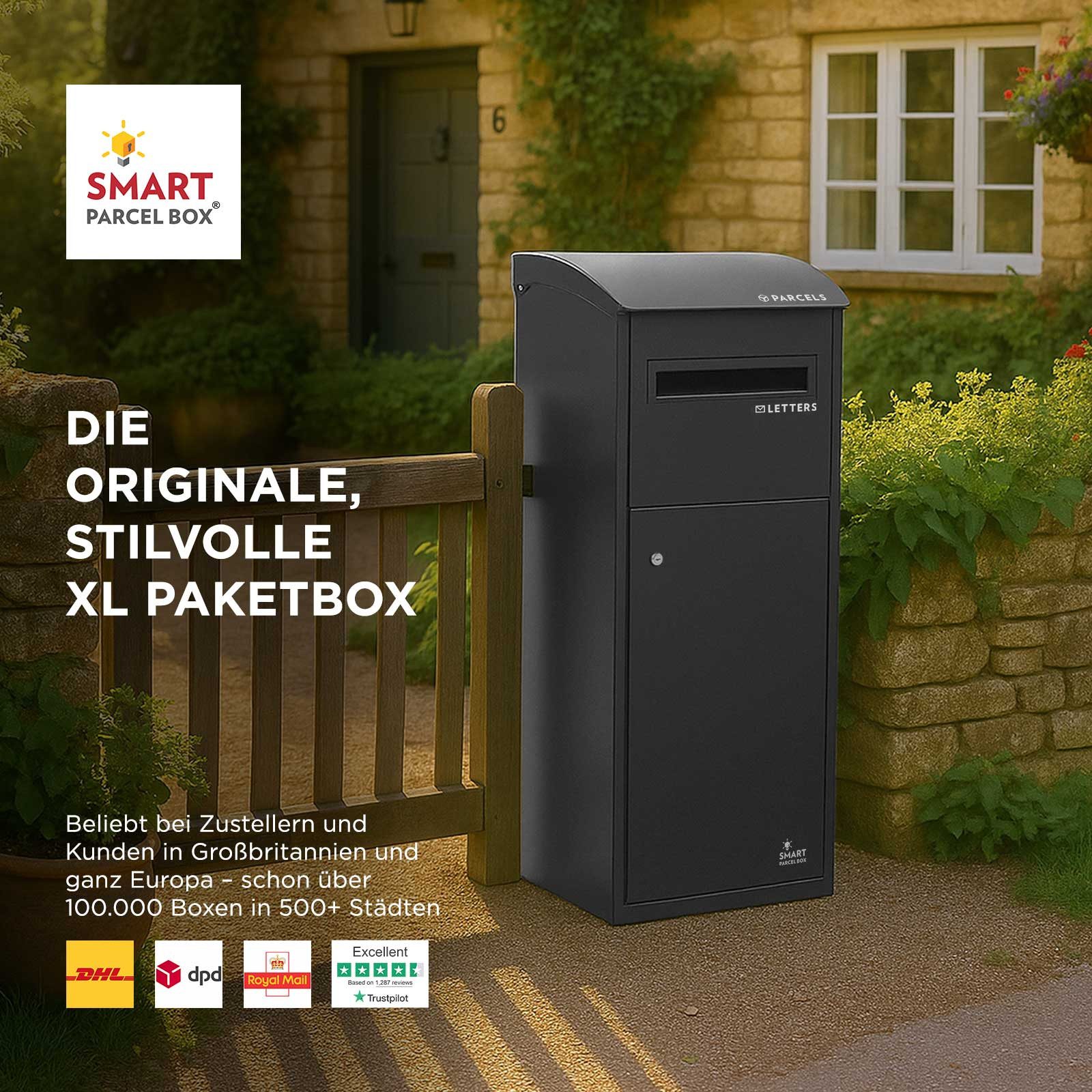 Smart Parcel Box Paketbriefkasten Extra großer Paketbriefkasten mit Schrägdach, Entnahme vorne, schwarz