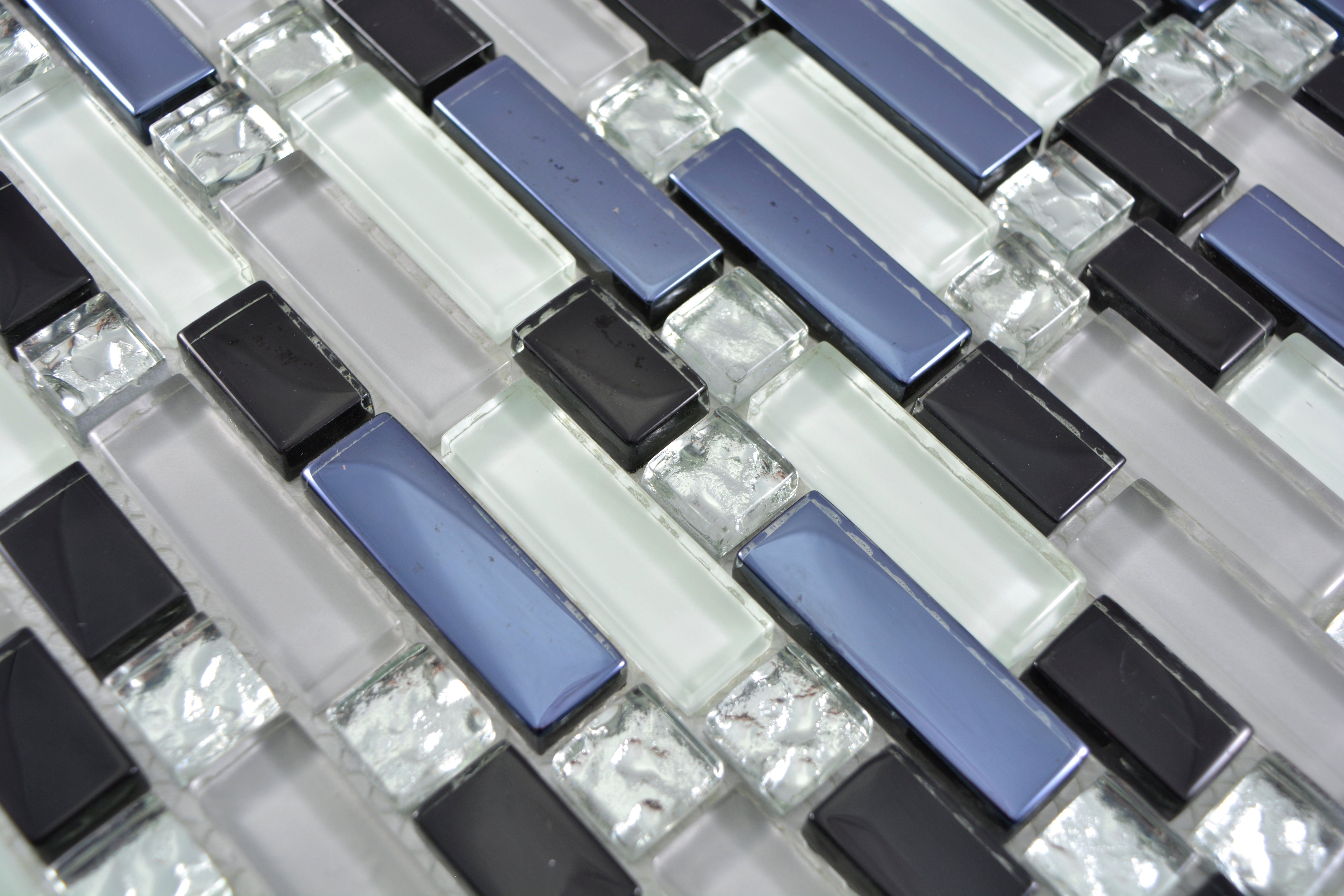 Mosani Mosaikfliesen Mosaik Crystal glänzend 10 grau schwarz Glasmosaik weiß / Matten