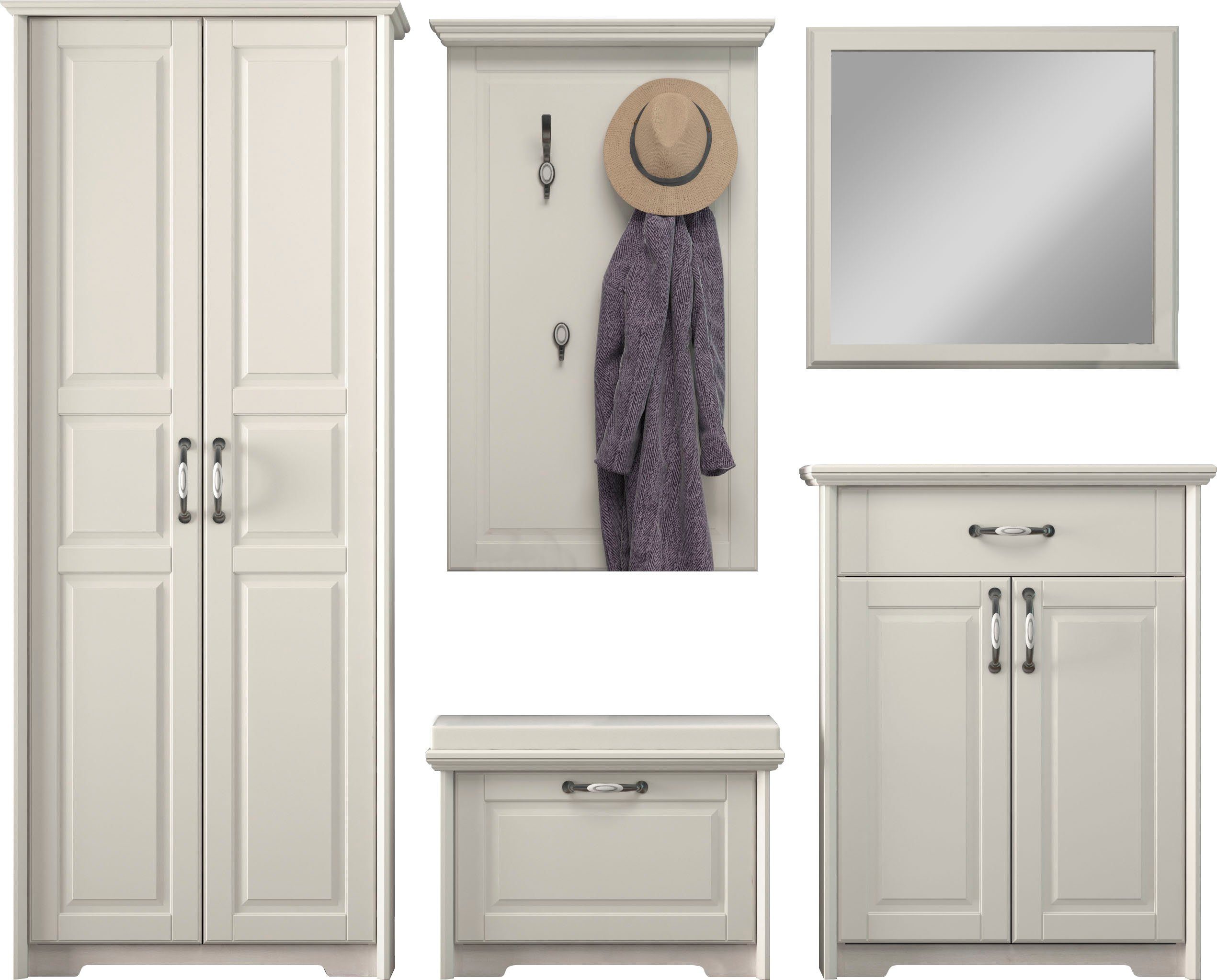 OTTO home Garderoben-Set Evergreen, (Set, 5-St., Garderobenschrank,Schuhschrank,Schuhbank, Garderobenpaneel,Wandspiegel), mit soft-close-funktion