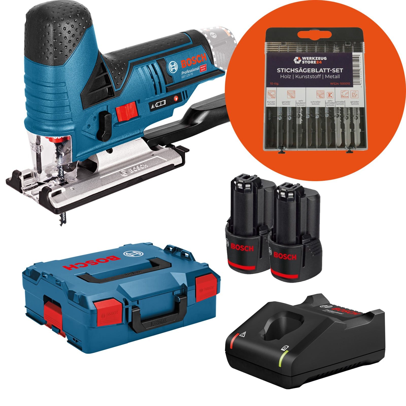 BOSCH Akku-Stichsäge Bosch Akku-Stichsäge GST 12V-70 / 2x 2,0 Ah Akku + Ladegerät + WS24 St