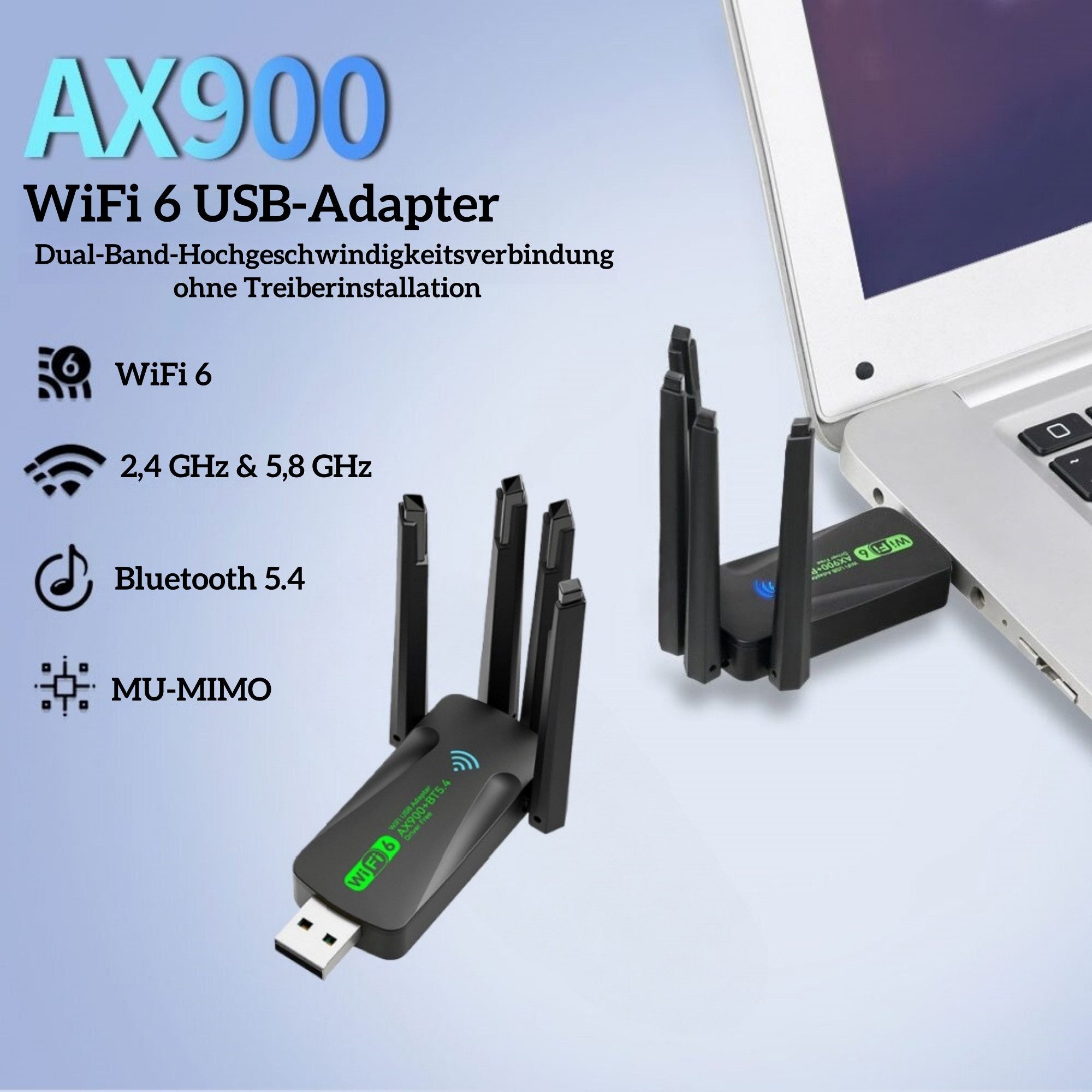 Forrlite WLAN-Stick WiFi 6 & Bluetooth 5.4 Stick, 1800Mbps Dual-Band WLAN Adapter, 4 Antennen, Plug & Play für Windows 10/11