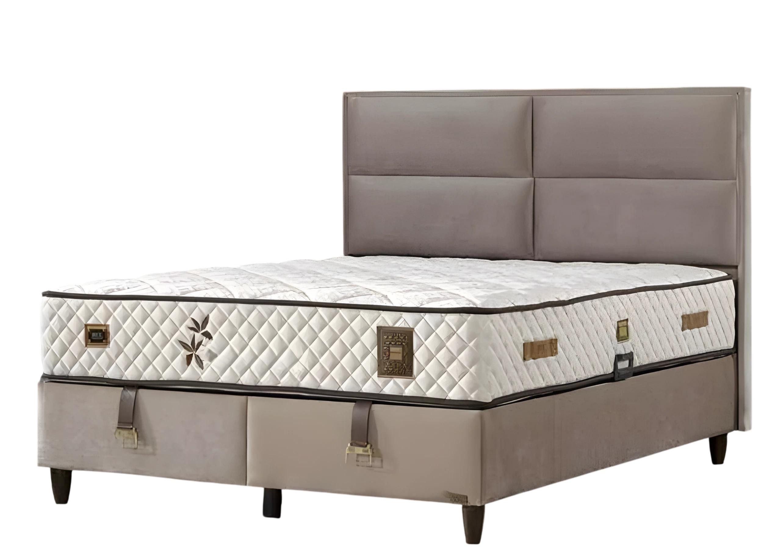 JVmoebel Boxspringbett Grau Holz-Textil Bett mit Matratze für optimalen Schlafkomfort (1-St)