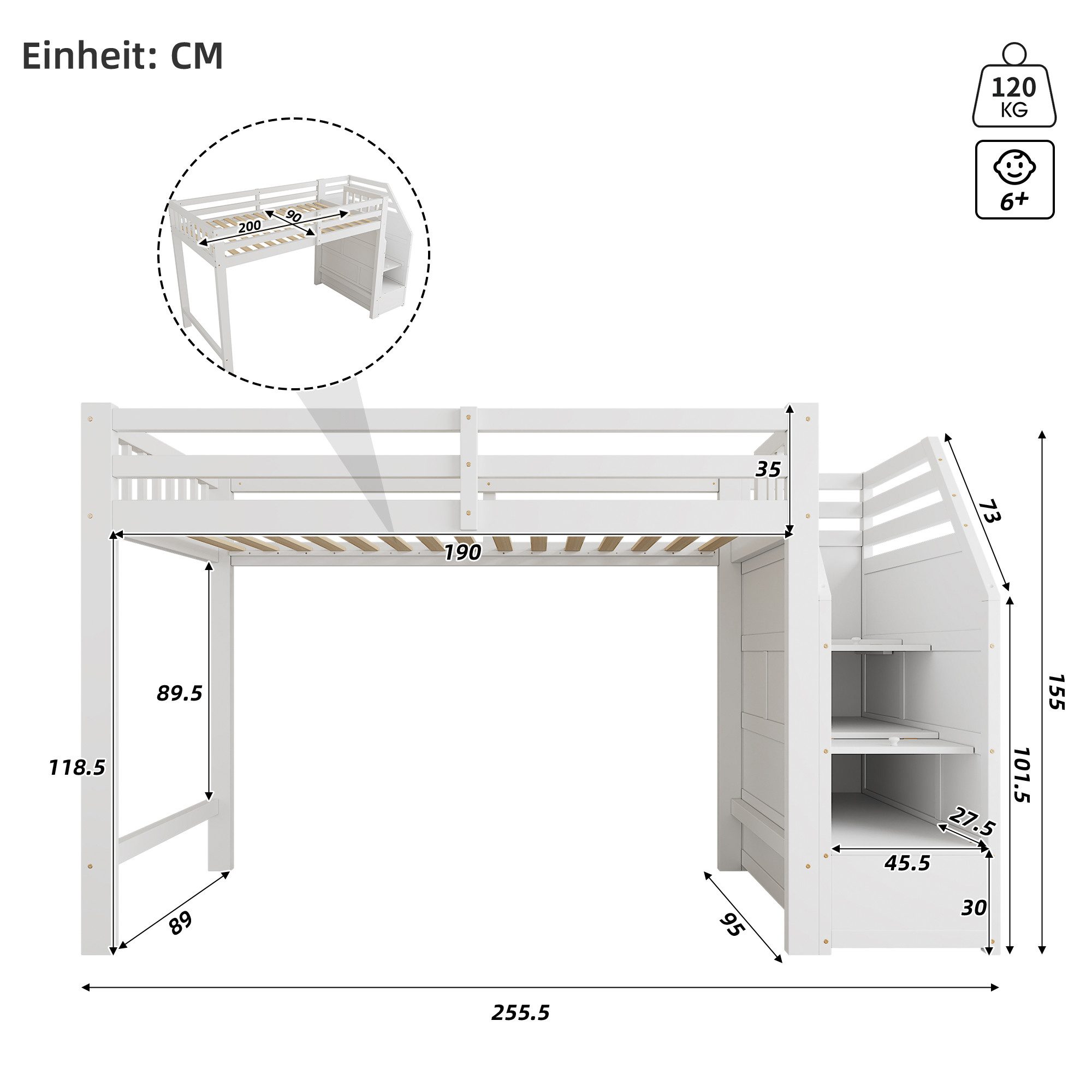 Ulife Hochbett Kinderbett Jugendbett Holzbett, Freier Raum unter dem Bett ( günstig online kaufen