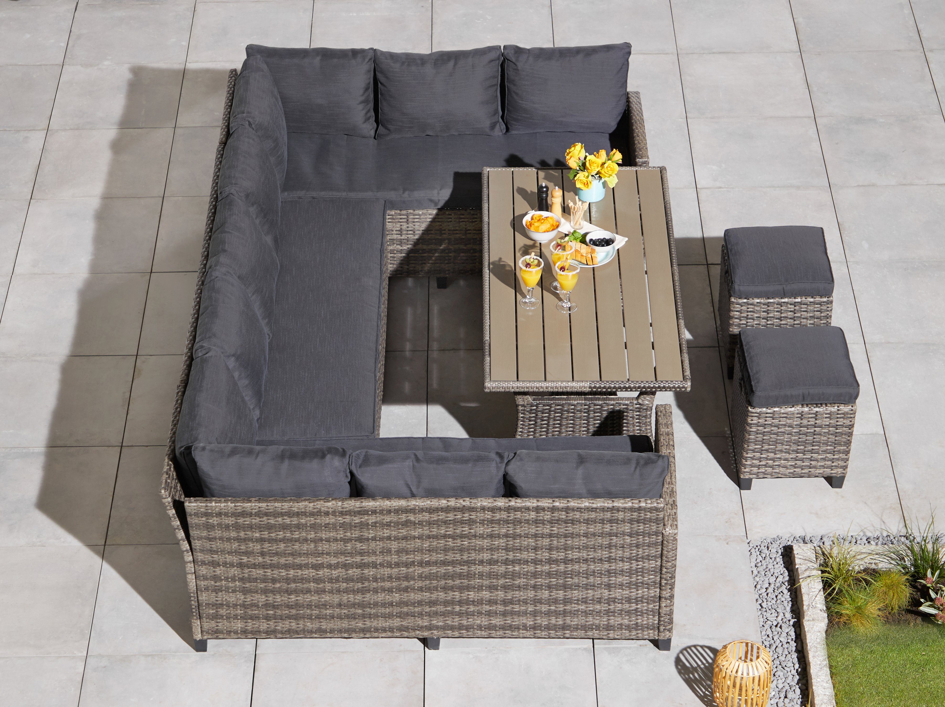 KONIFERA Gartenlounge-Set Tisch 120x82 anthrazit Sofas, cm, grau (20-tlg), Polyrattan 3 Rotterdam, Hocker, 2 