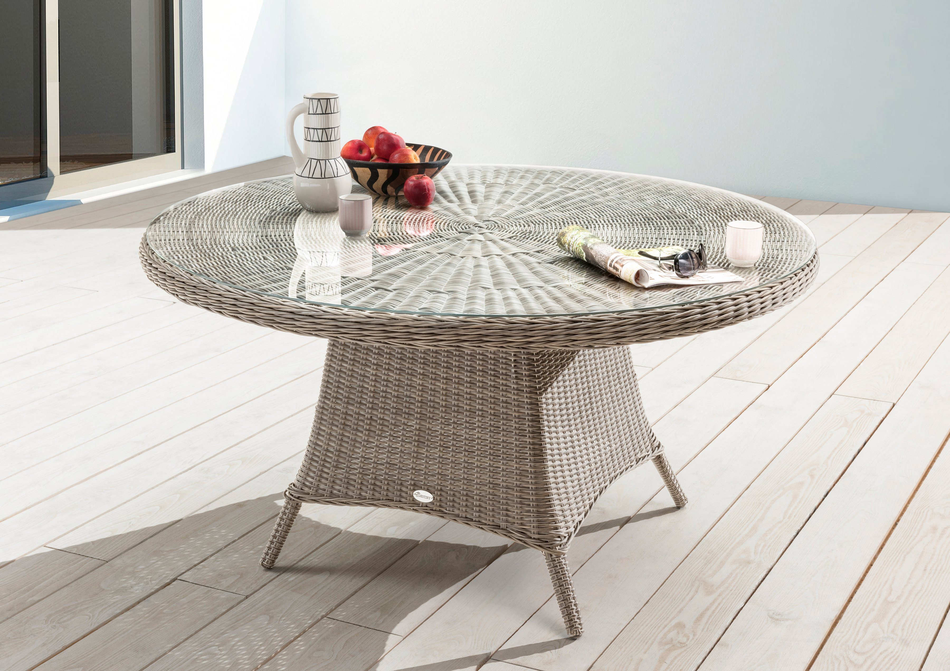 cremeweiß Polyrattan, Gartentisch LUNA, Glasplatte Destiny mit 120x75cm, aufgelegter Ø