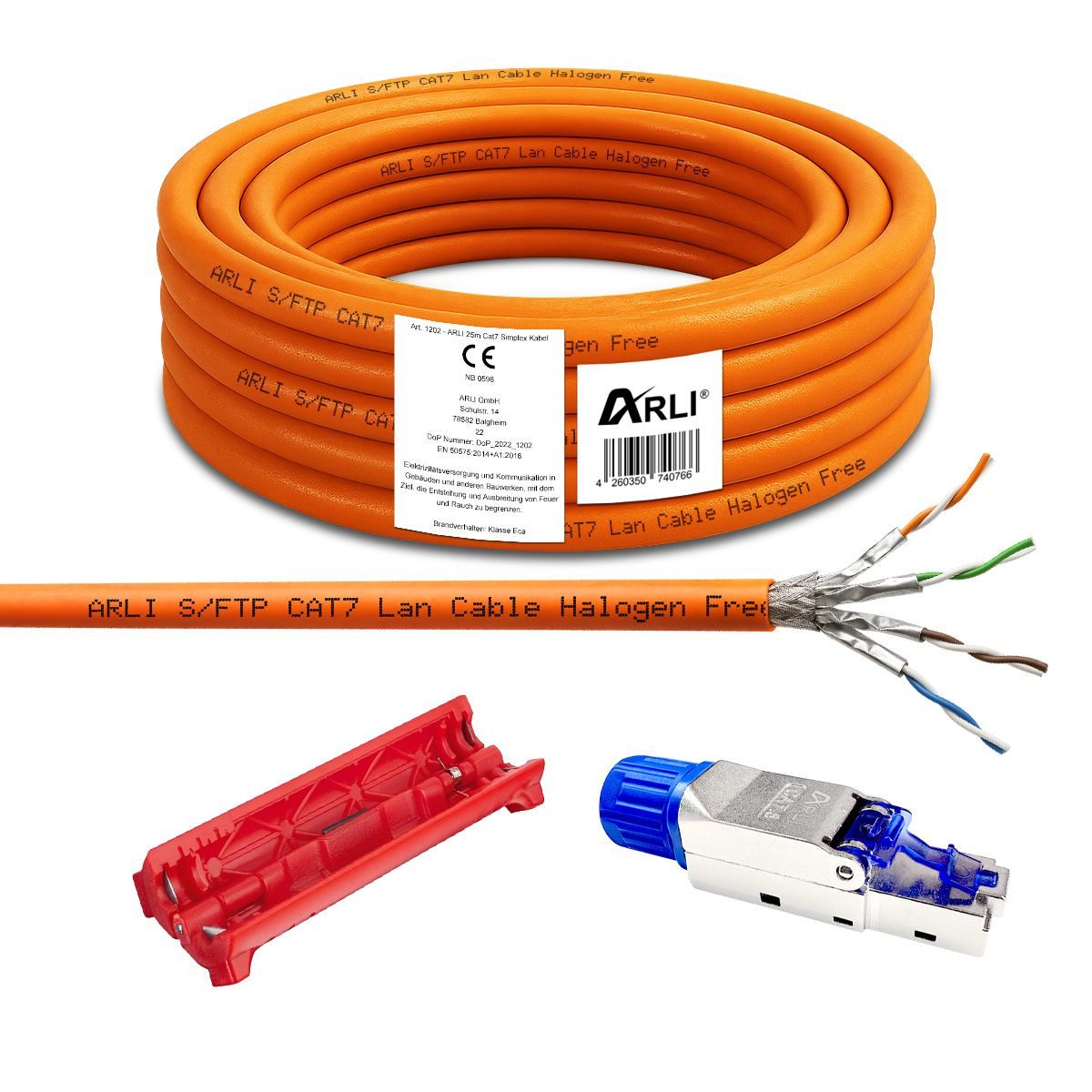 ARLI 25m Netzwerkkabel Set Installationskabel, RJ45, RJ-45 (Ethernet) (2500 cm), 2x RJ45 Netzwerkstecker CAT8.1 Werkzeuglose Montage + Abisoliermesser