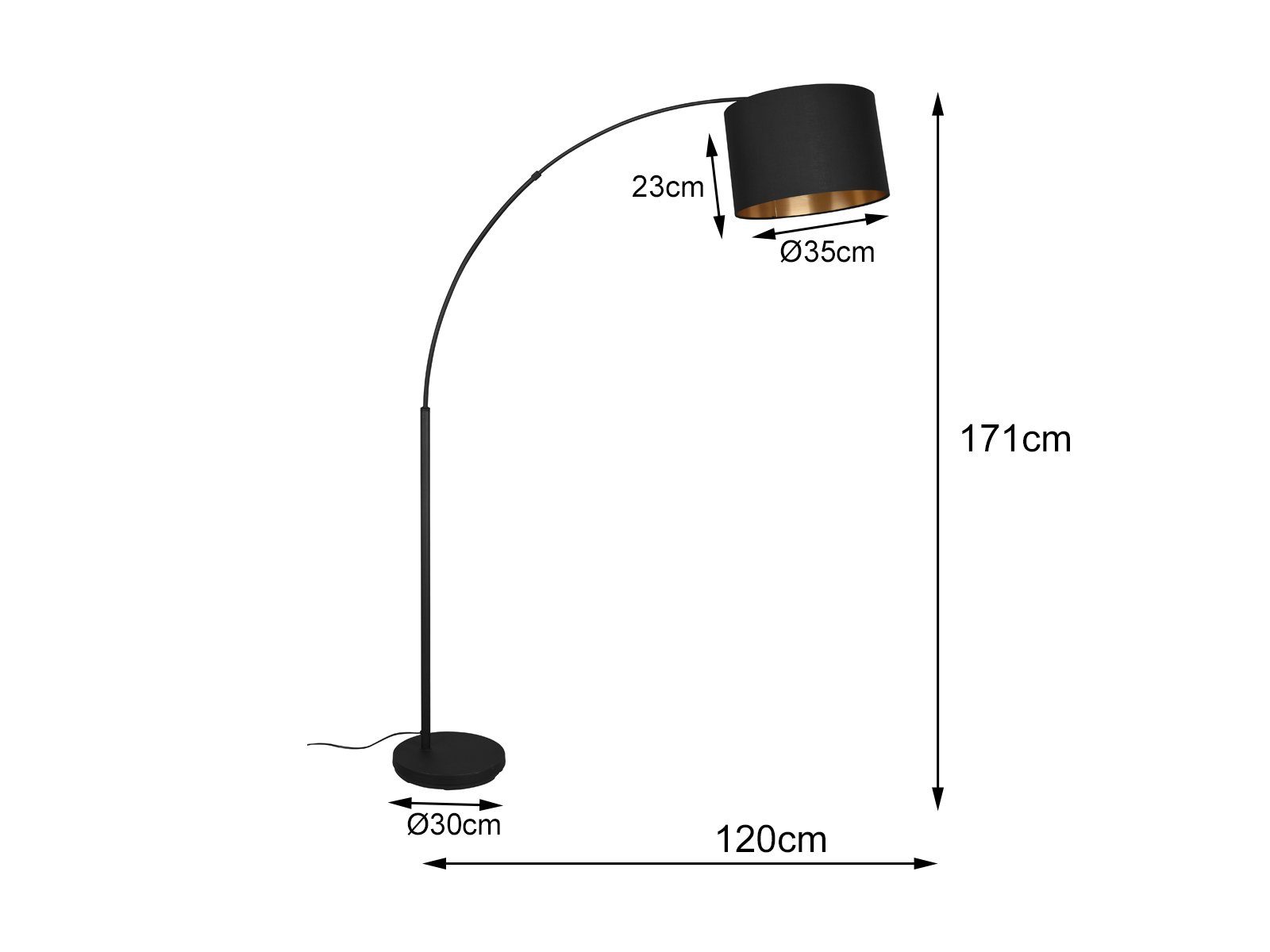 Reality Leuchten LED Bogenlampe mit Stoffschirm Schwarz Gold, Höhe 171cm, dimmbar, LED wechselbar, Warmweiß, große Stehlampe ge-bogen Wohnzimmer-lampe stehend E – Bild 4 von 5