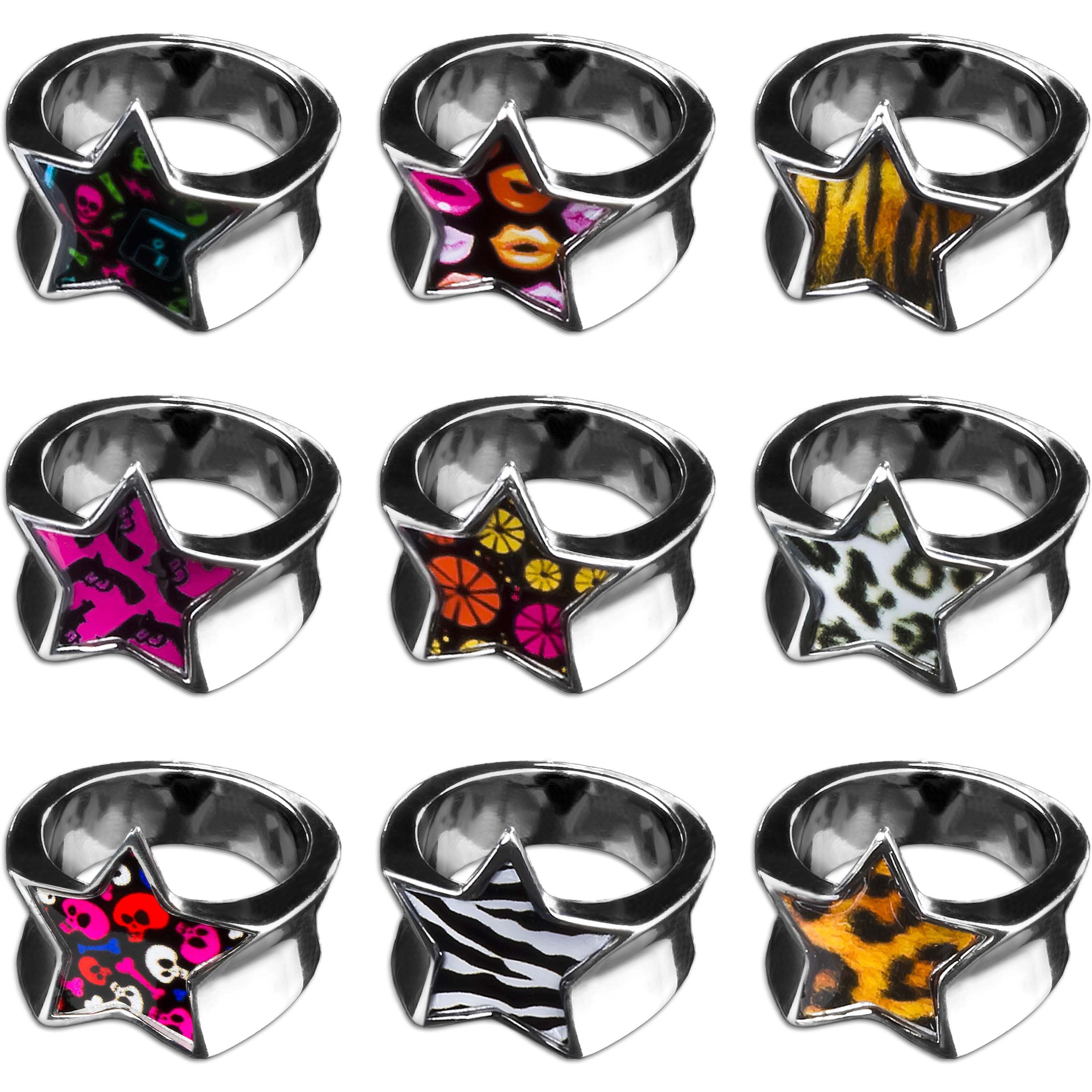 viva-adorno Fingerring Edelstahl Ring Damenring Stern mit buntem Motiv Rockabilly, Blumen Animal Print Leopard Tiger Zebra Muster