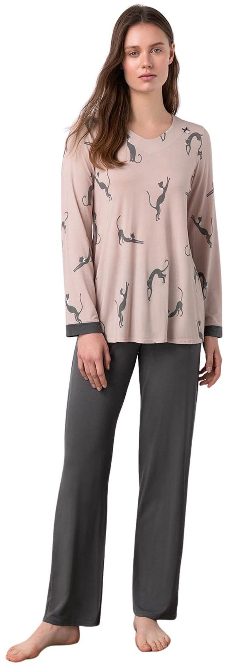 Vamp Schlafanzug (Set, 2 tlg., 2-teilig) exquisiter Damen Pyjama lang Langarm pink fawn