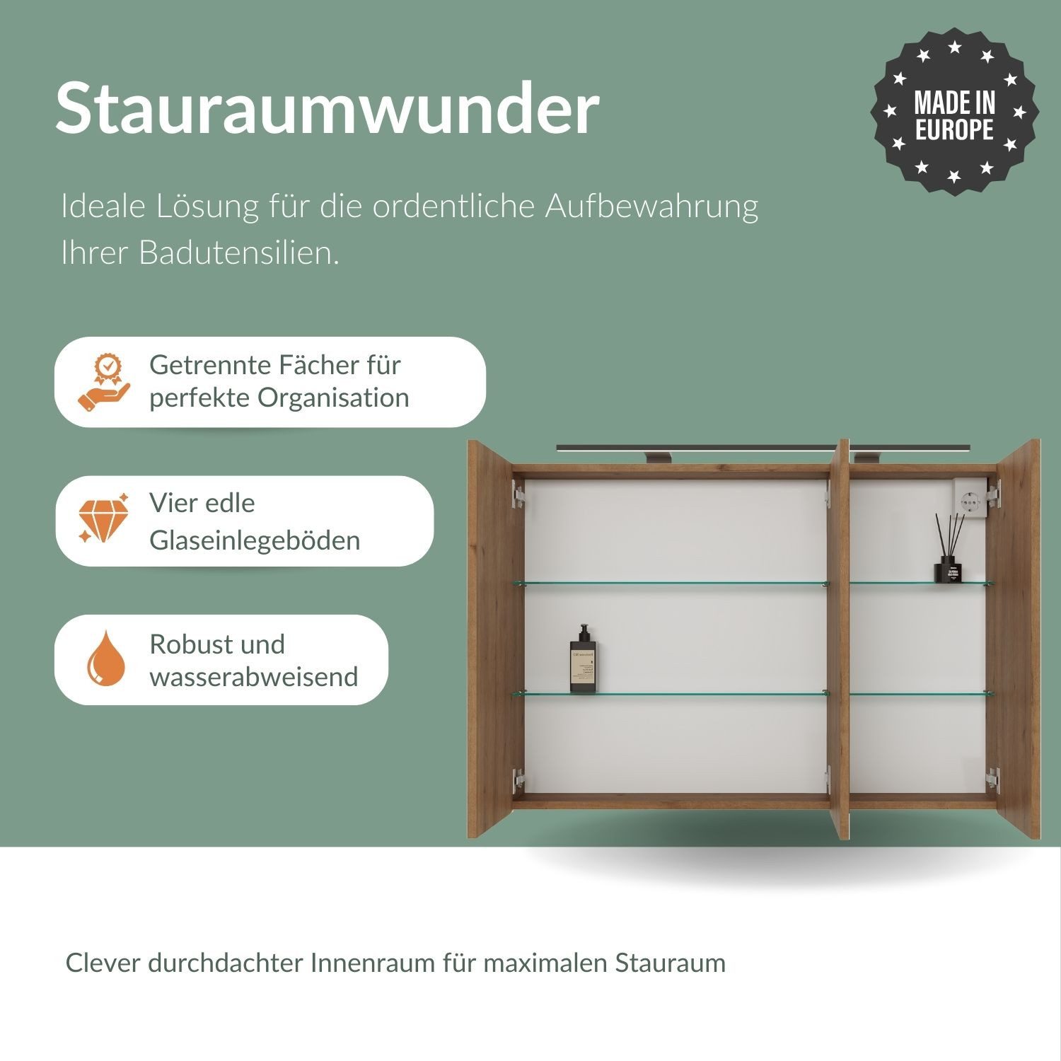 Planetmöbel Spiegelschrank ARIA Badschrank 100 cm mit Beleuchtung & Steckdose, Glaseinlegeböden (Spiegelschrank Bad 100 cm mit Beleuchtung und Steckdose, Badspi – Bild 4 von 5