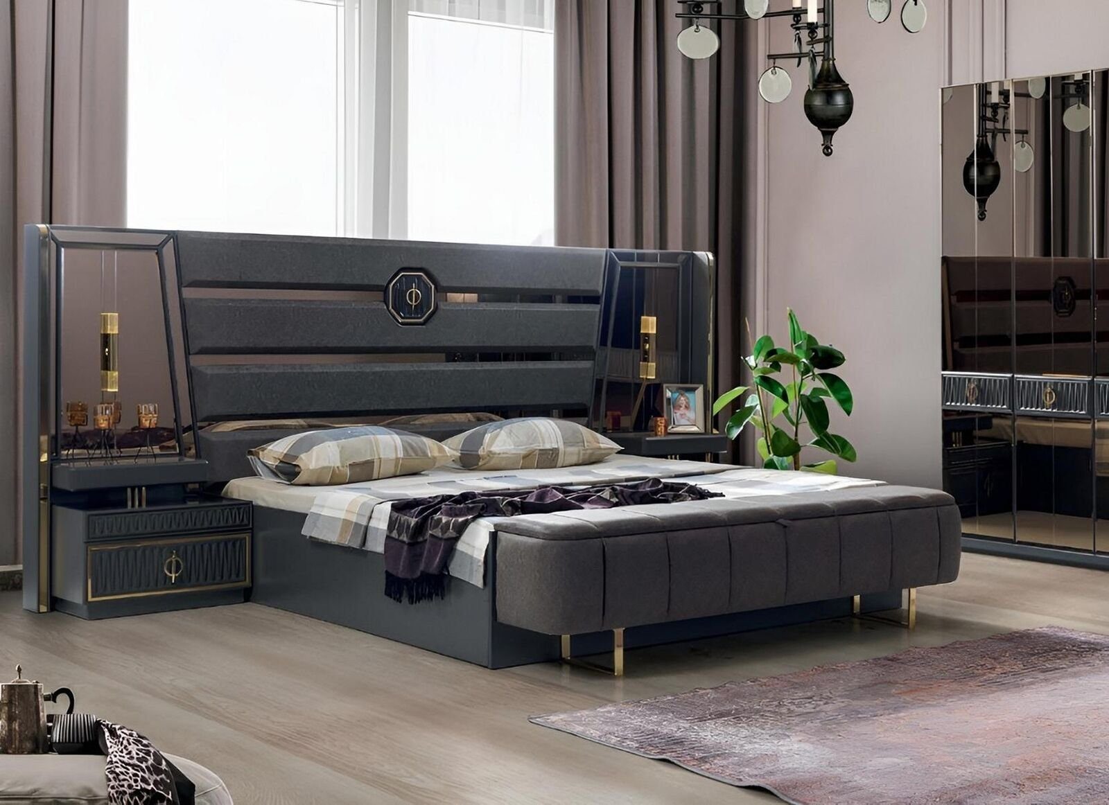 JVmoebel Schlafzimmer-Set Schlafzimmer (Bett 2x Nachttische), In 2x Bett Set Luxus Made / Möbel, Nachttische Designer Bett Doppel Europe