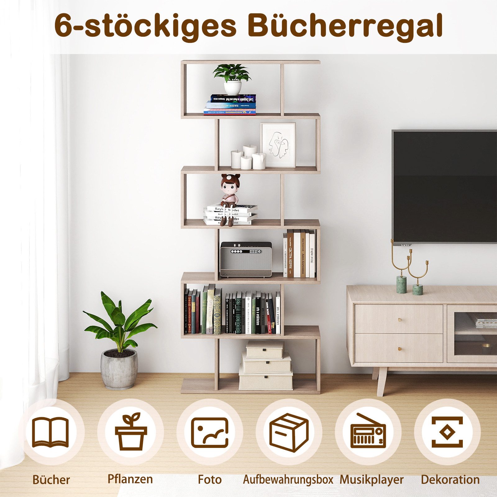 COSTWAY Bücherregal, Standregal mit 6 Fächern, 20 kg/Ebene, 80x23x192cm, grau