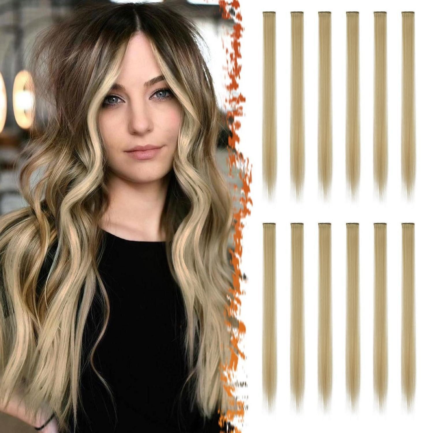 LuxusKollektion Kunsthaar-Extension Haarverlängerungen 55cm 12er Highlights Einklipsen Champagner Blond