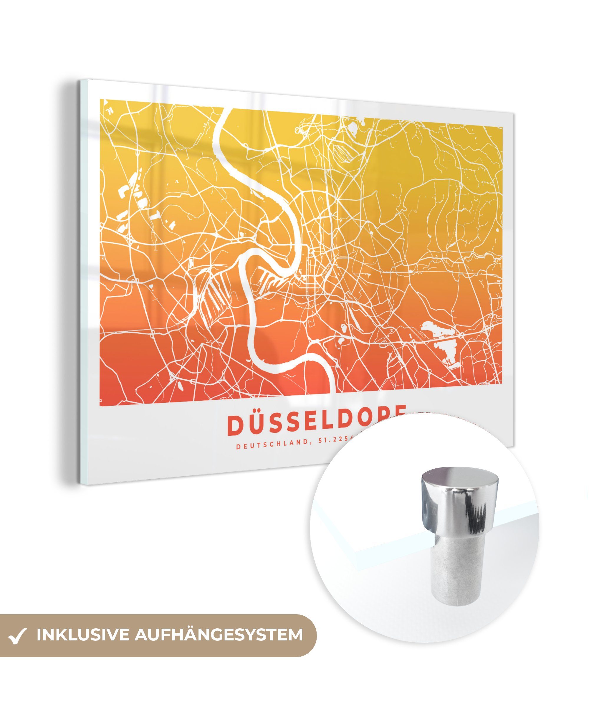 MuchoWow Acrylglasbild Dusseldorf - Deutschland - Stadtplan, (1 St), Acrylglasbilder Wohnzimmer & Schlafzimmer