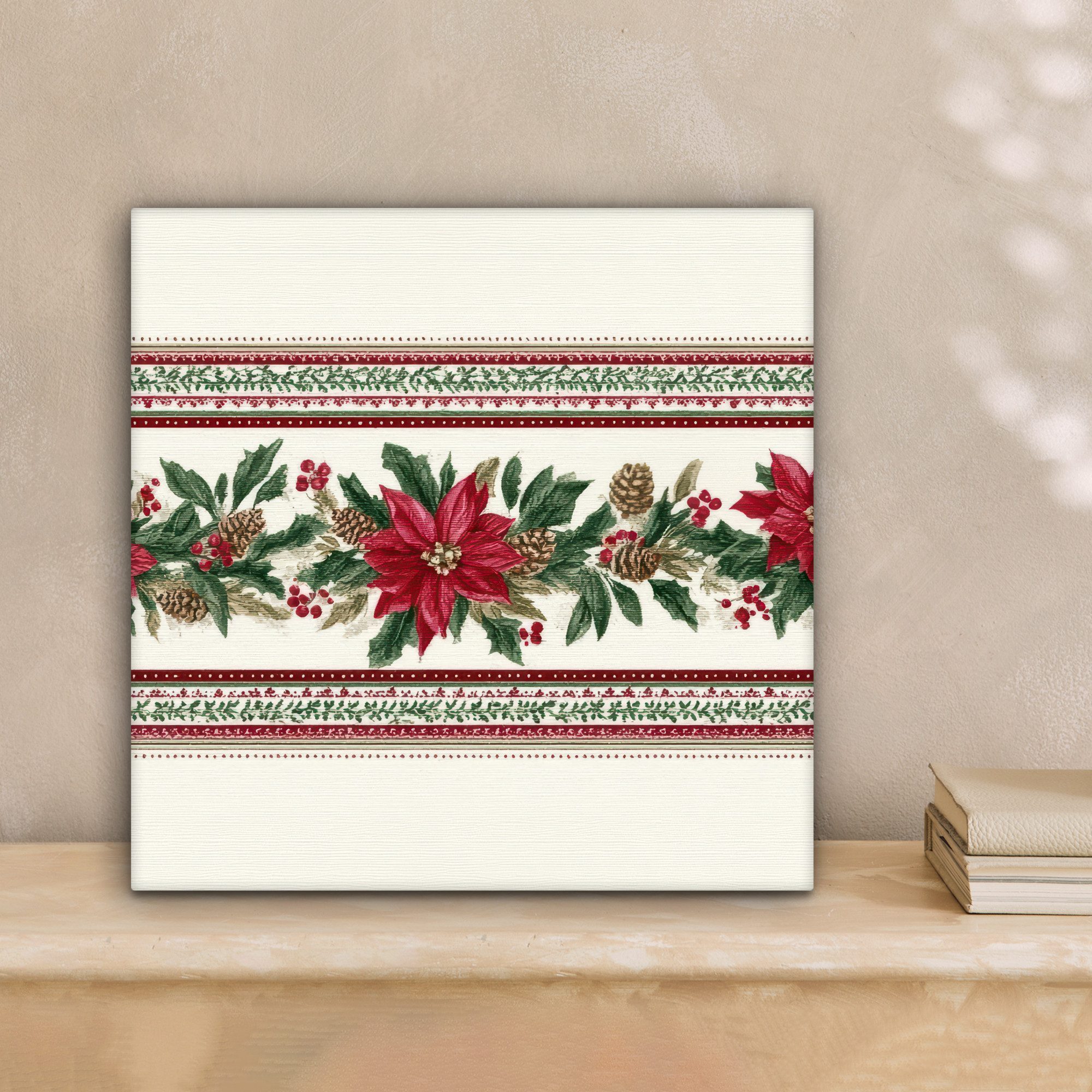 OneMillionCanvasses® Leinwandbild Weihnachtsstreifen - Weihnachtsstern - Rot - Grün, Fotodruck (1 St), Wandbild, Deko Schlafzimmer Wohnzimmer Flur 20x20 cm