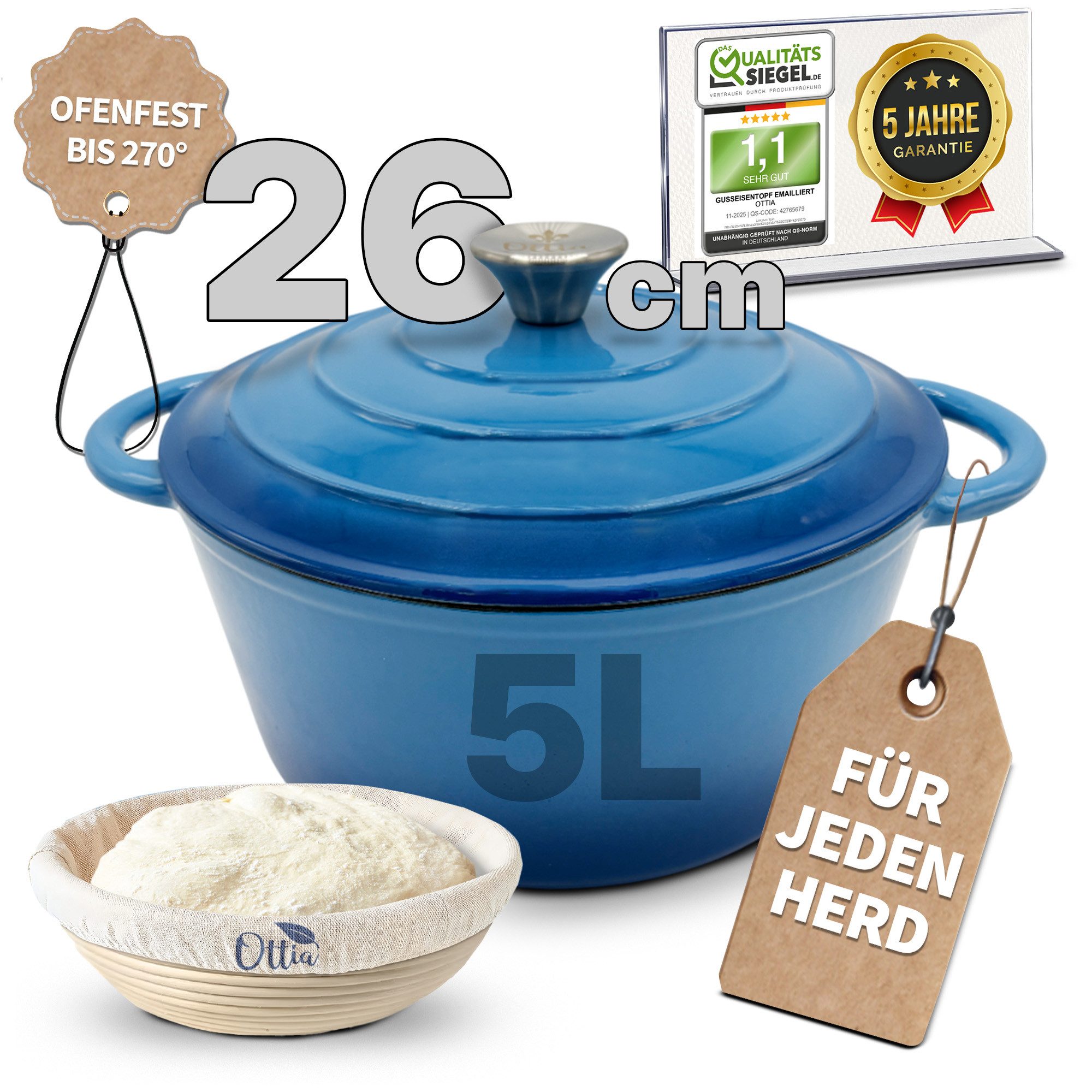 Ottia Schmortopf Gusseisen Topf lc, 26cm groß, 5L, Bräter, Brotbacktopf, Gusseisen, 3-fach Emaille, Händler aus Hamburg