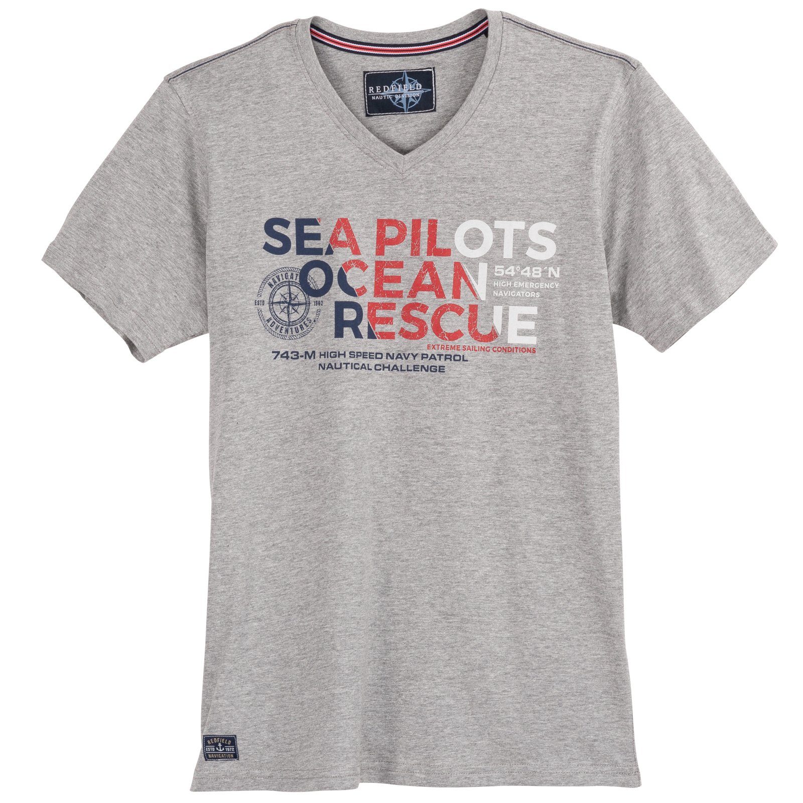 Größen PILOTS V-Shirt melange Redfield SEA Herren Große redfield V-Neck grau T-Shirt