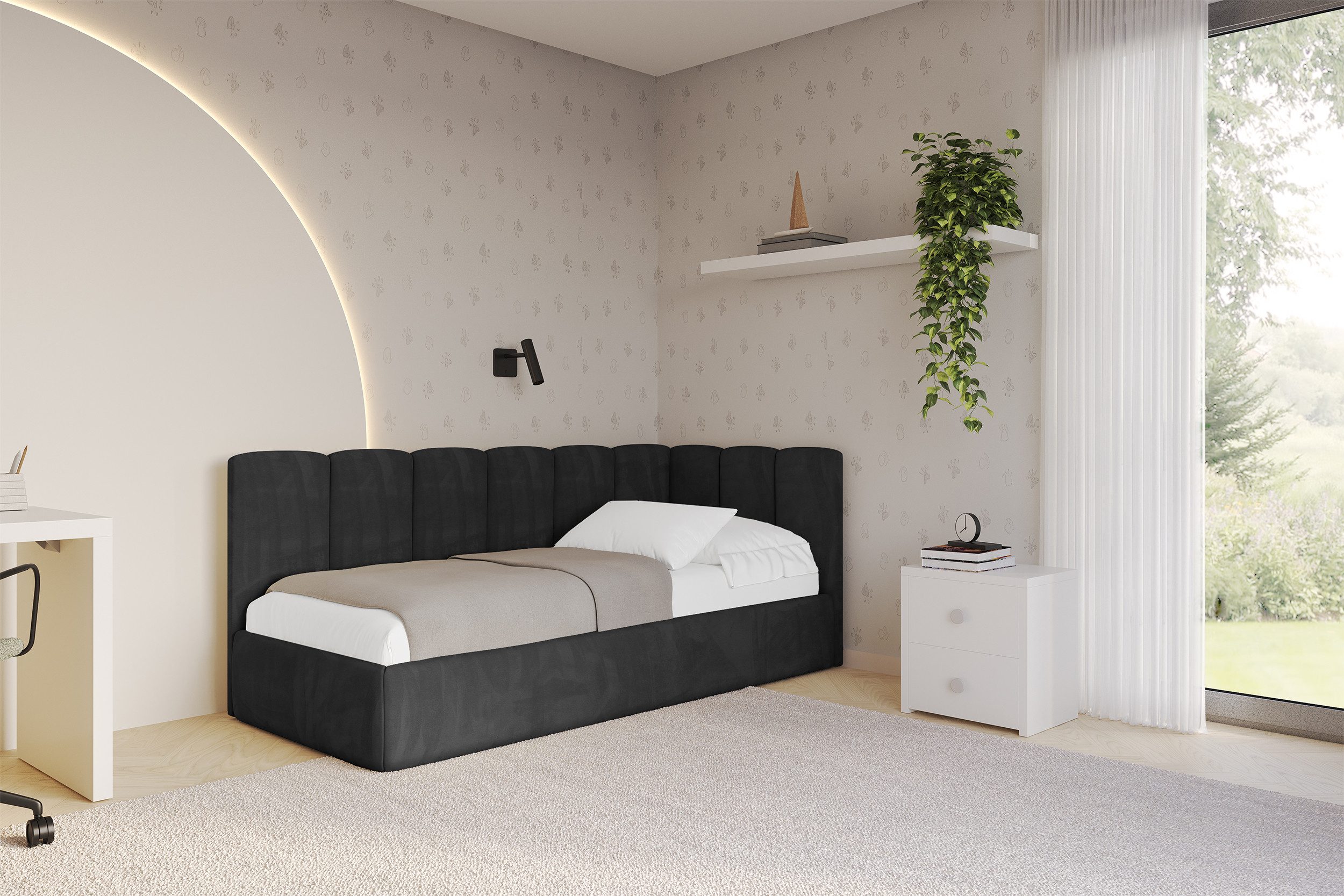 ALTDECOR Jugendbett DEXY (Jugendbett mit Bettkasten und Lattenrost, Polsterbett mit Matratze), Einzelbett mit Stauraum, Bett mit Kopfteil